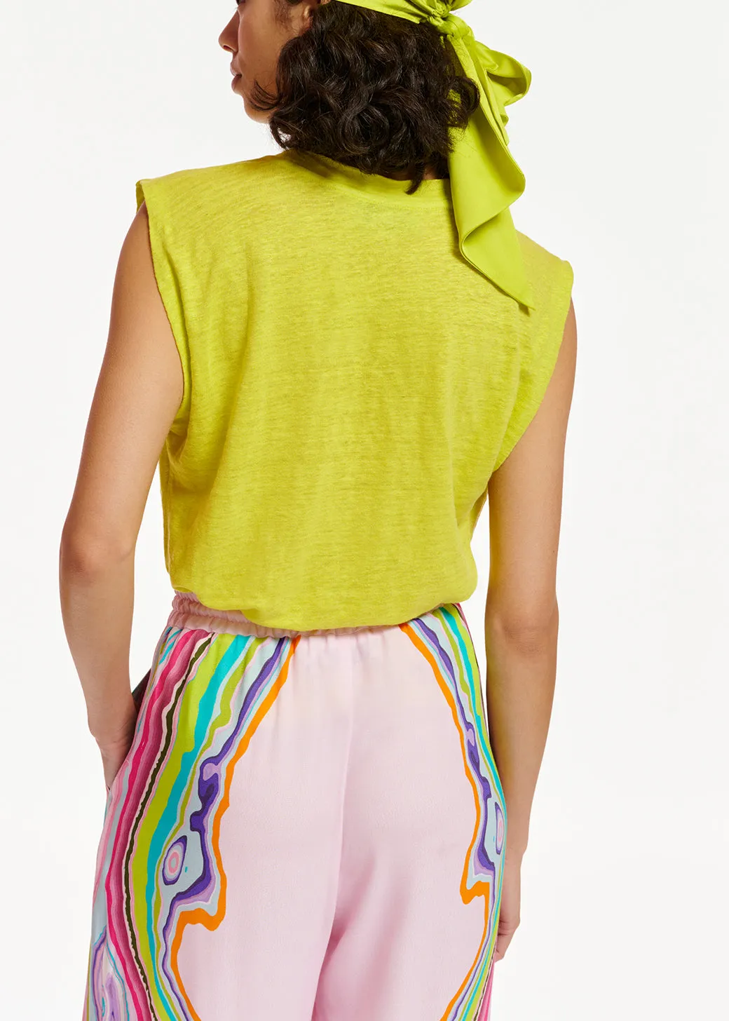 Lime green linen sleeveless T-shirt