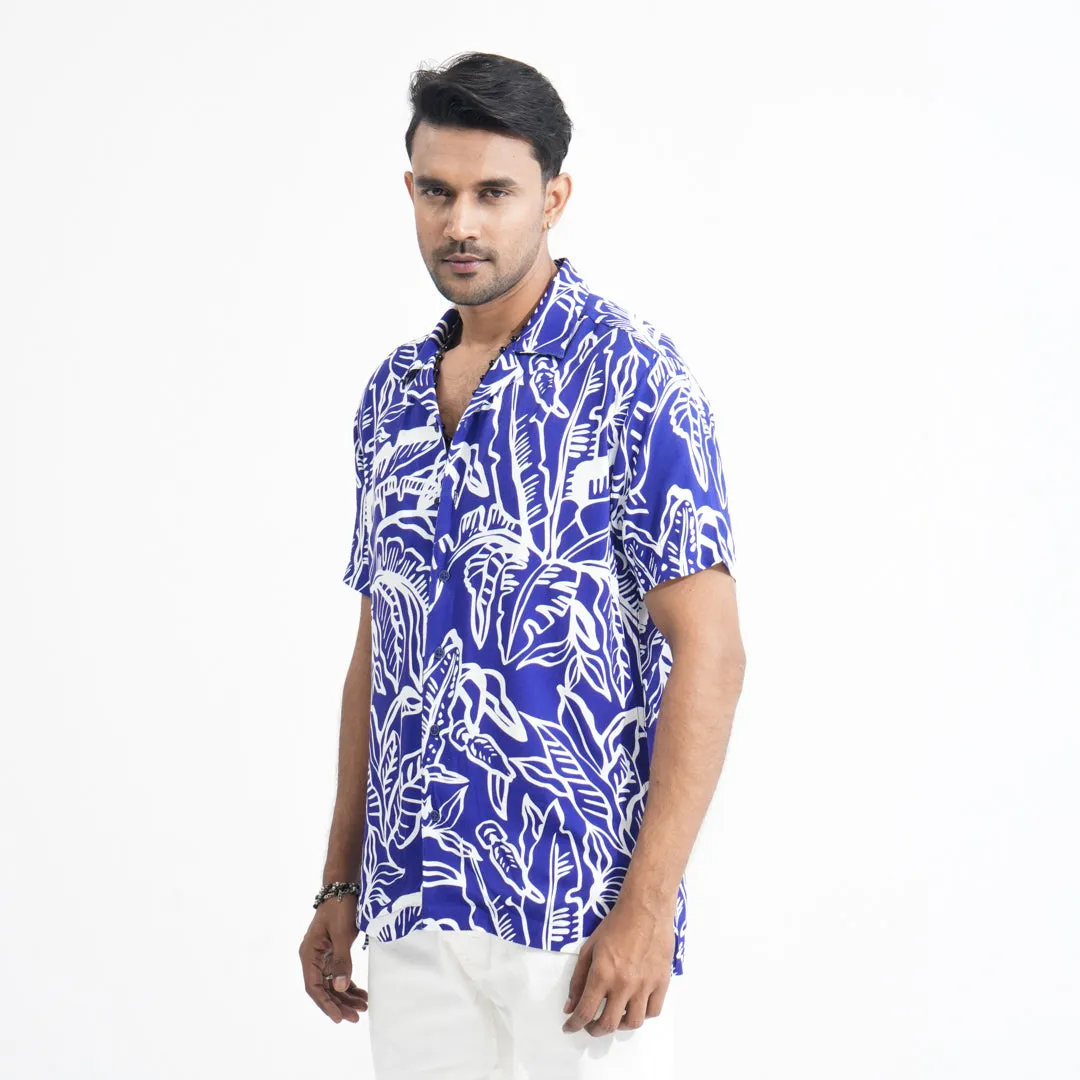 Men Royal Blue AOP Lapel Shirt