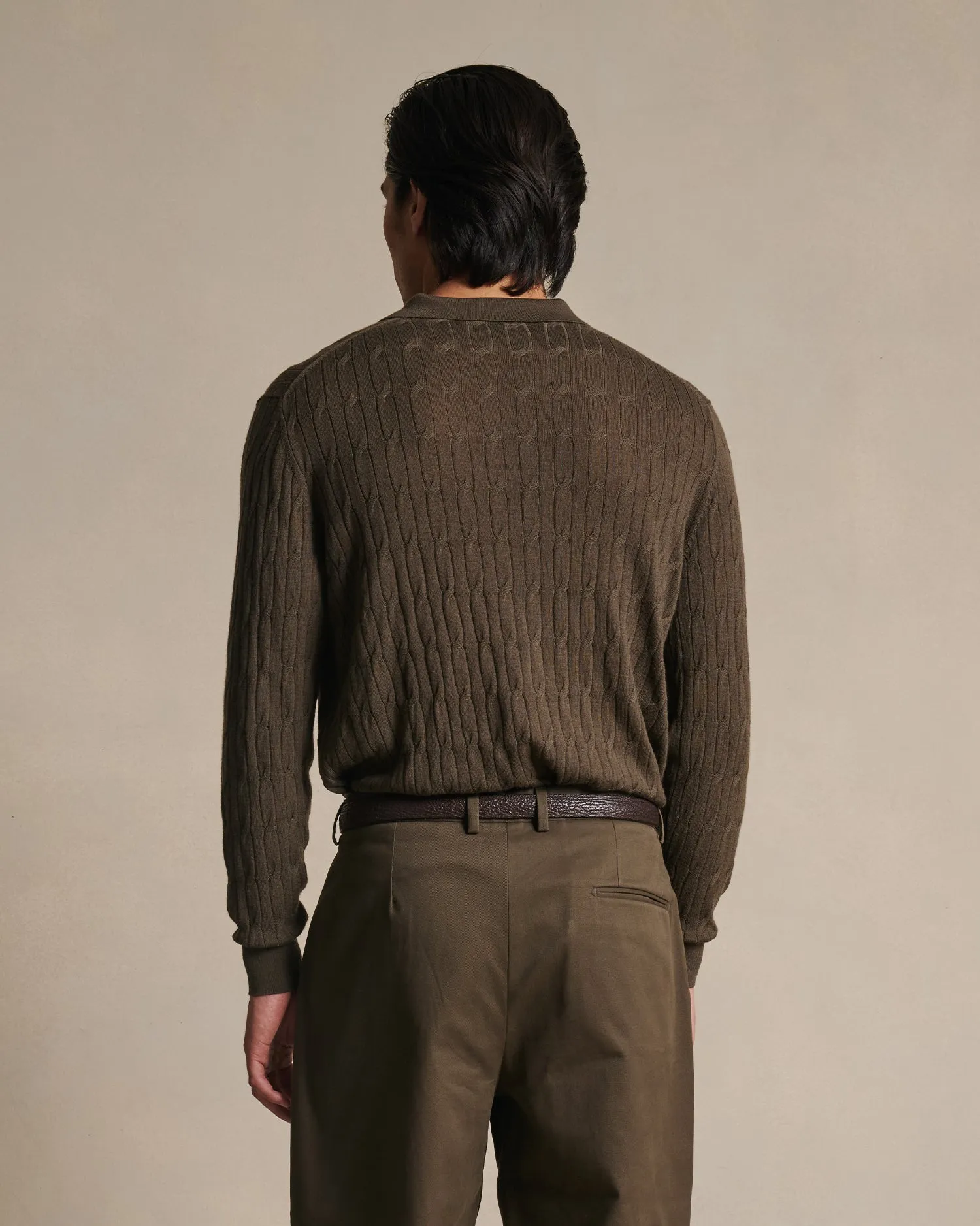 Merino Cable Knit Polo - Moss