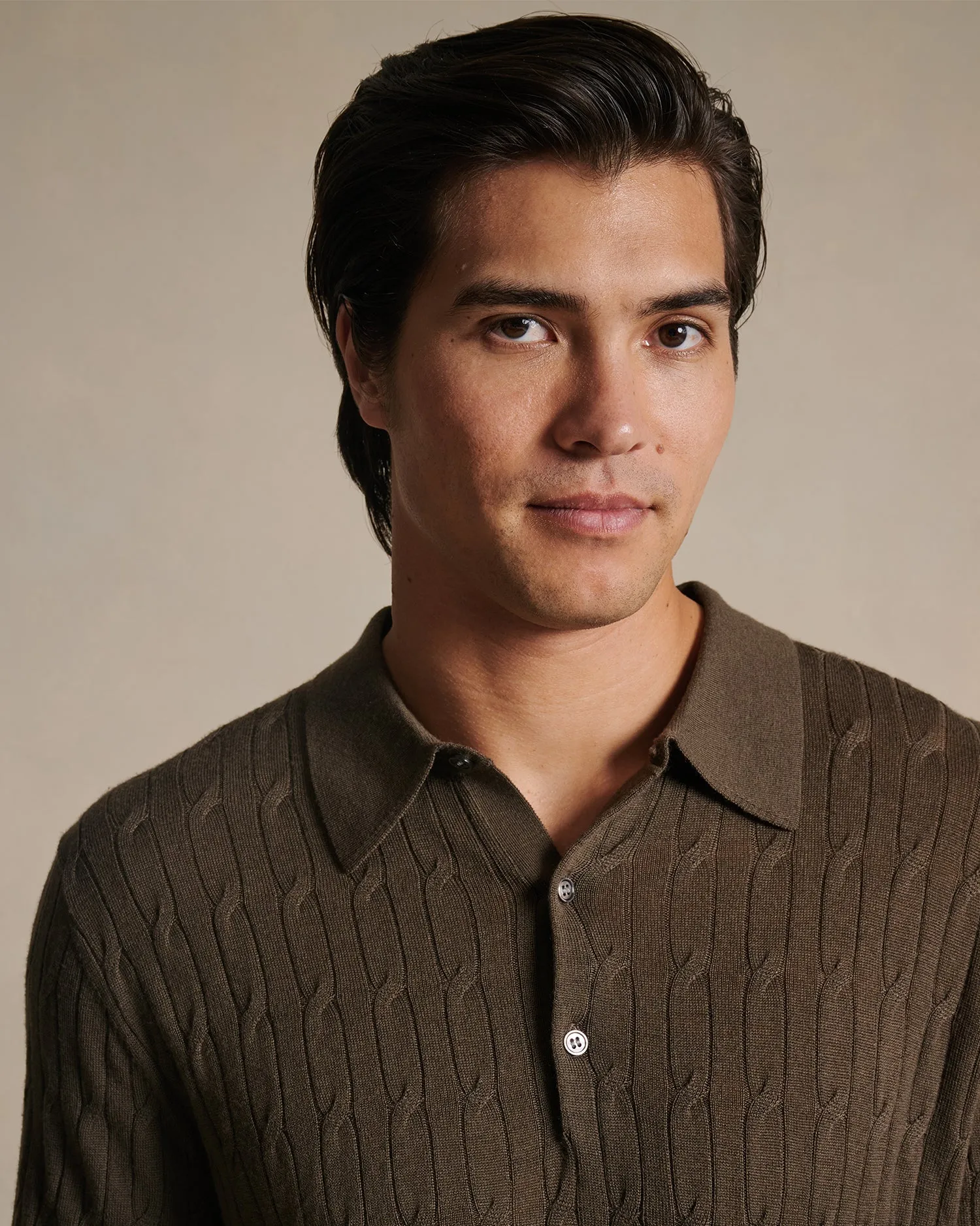 Merino Cable Knit Polo - Moss