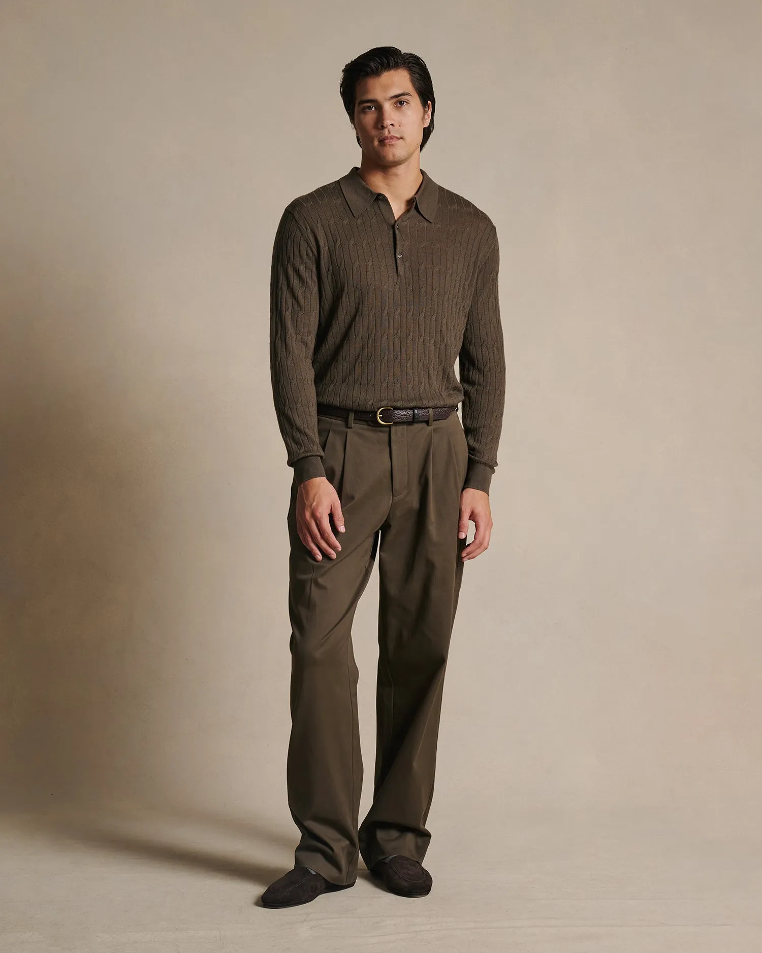 Merino Cable Knit Polo - Moss