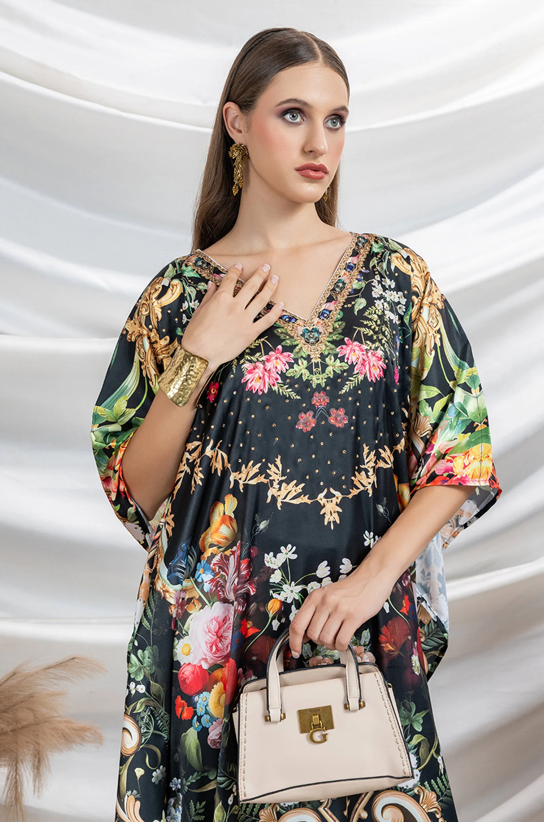 Midnight Shadow Soft Satin Women Kaftan with Rhinestones