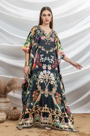 Midnight Shadow Soft Satin Women Kaftan with Rhinestones