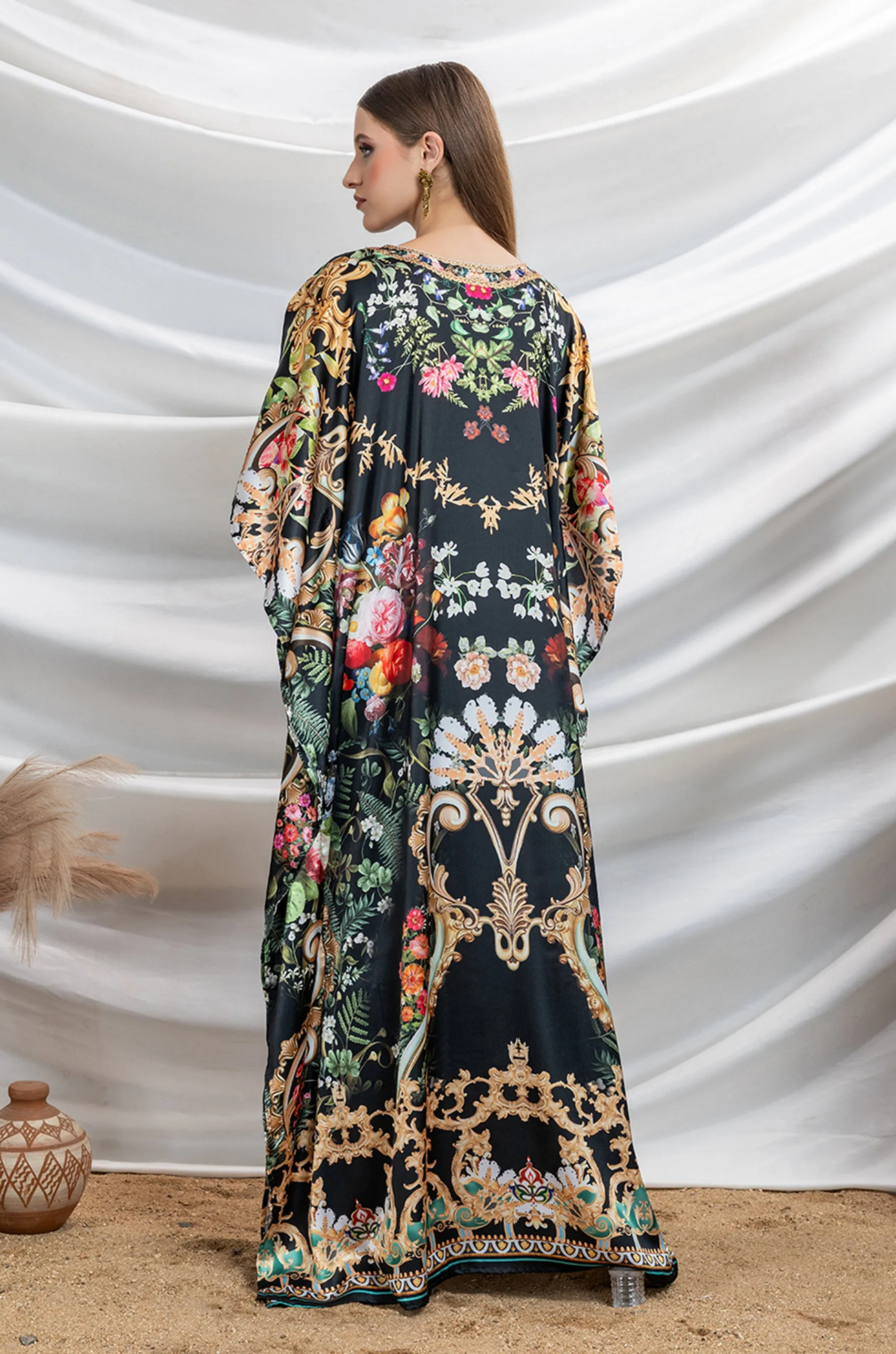 Midnight Shadow Soft Satin Women Kaftan with Rhinestones