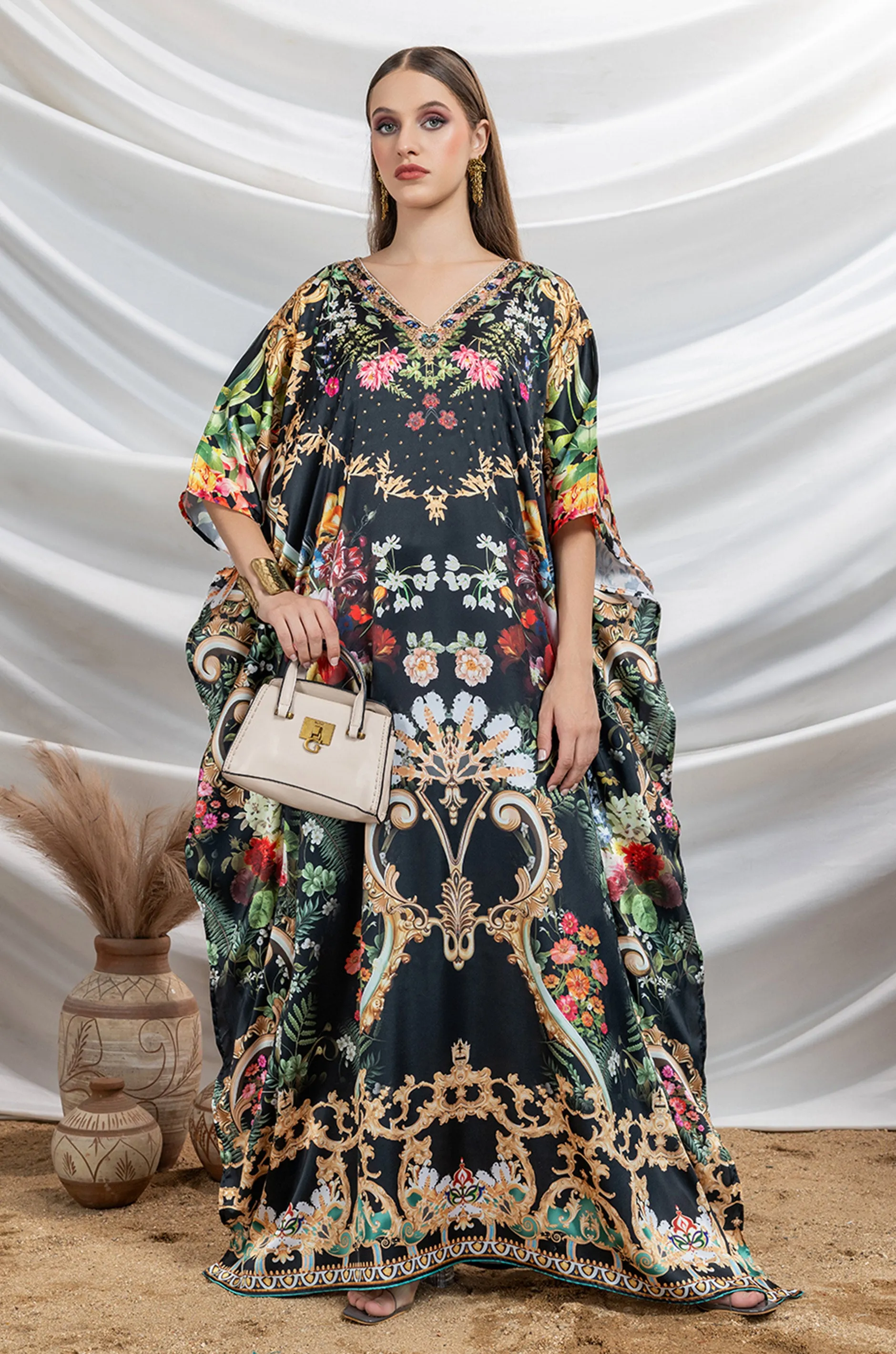 Midnight Shadow Soft Satin Women Kaftan with Rhinestones