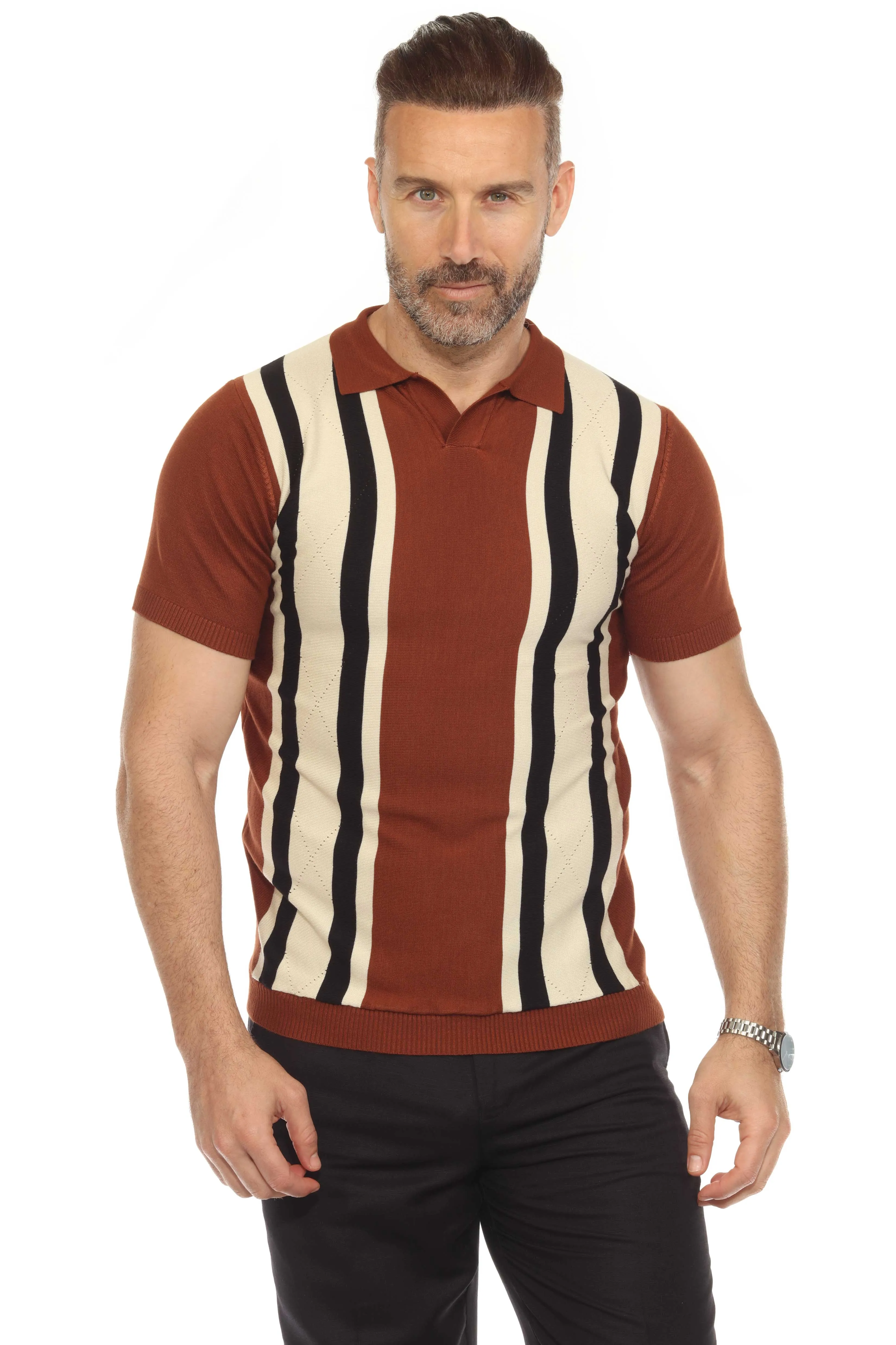 Mojito Mens Stylish Premium Knit Textured Polo Shirt with Color Stripe Pattern