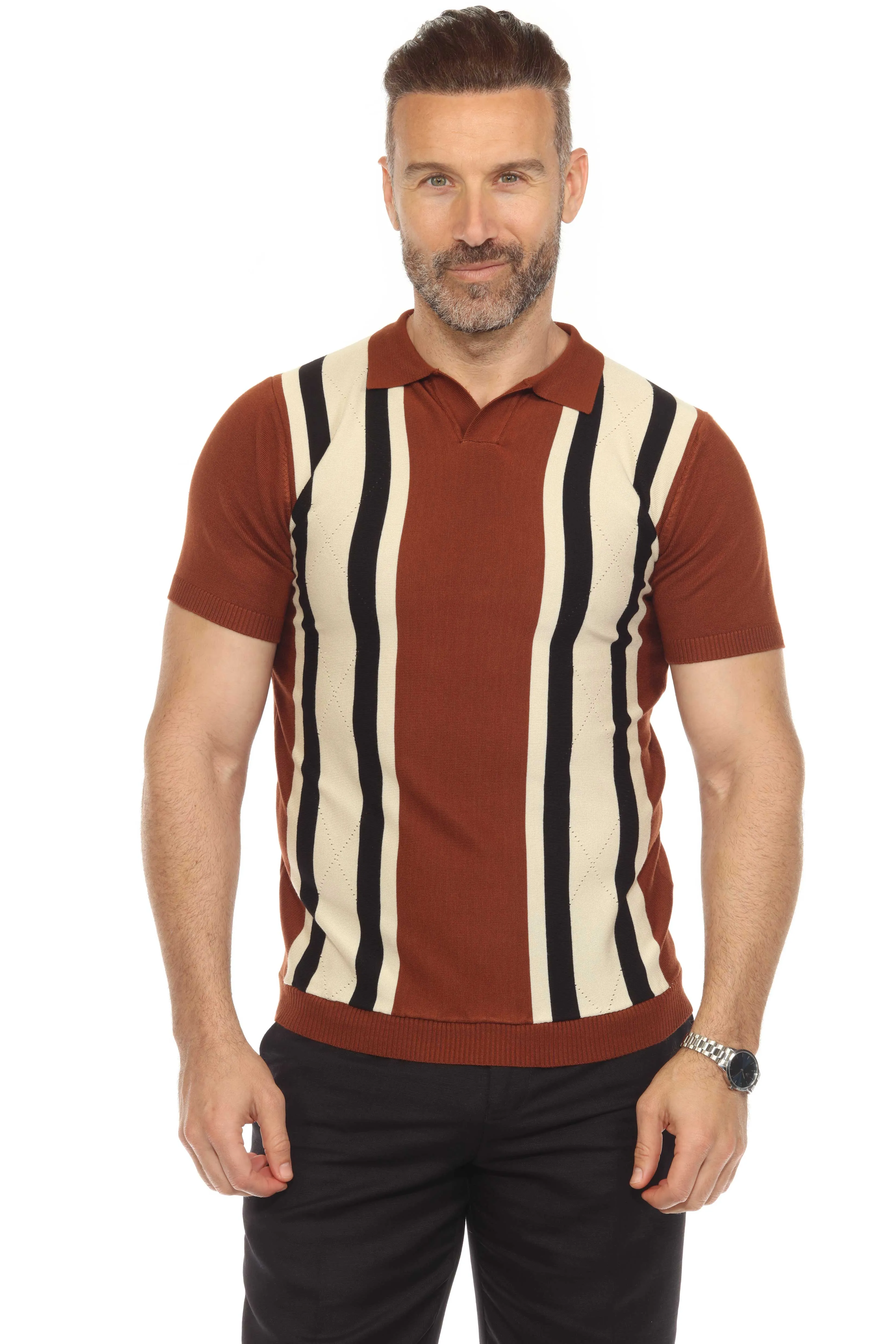 Mojito Mens Stylish Premium Knit Textured Polo Shirt with Color Stripe Pattern