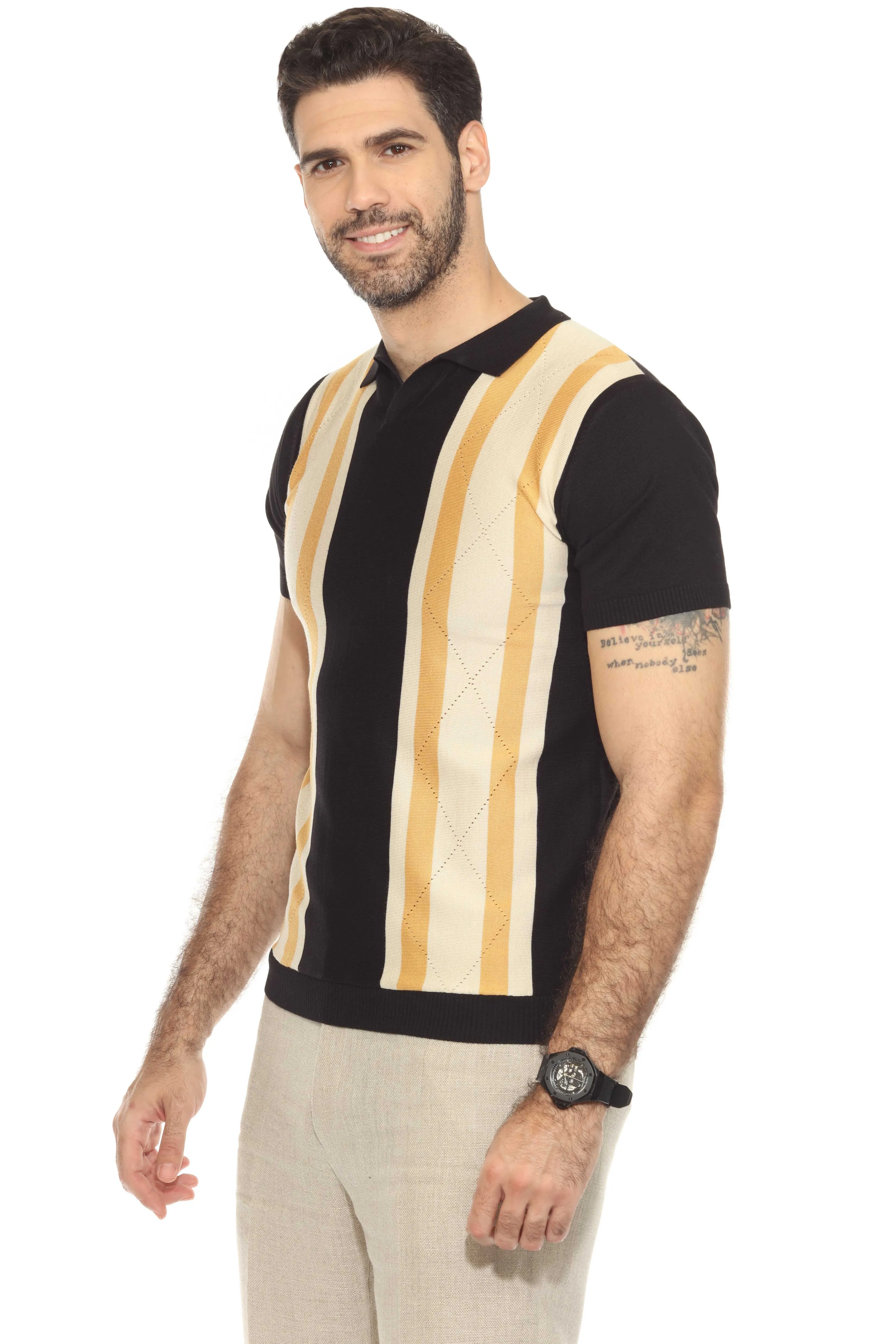 Mojito Mens Stylish Premium Knit Textured Polo Shirt with Color Stripe Pattern