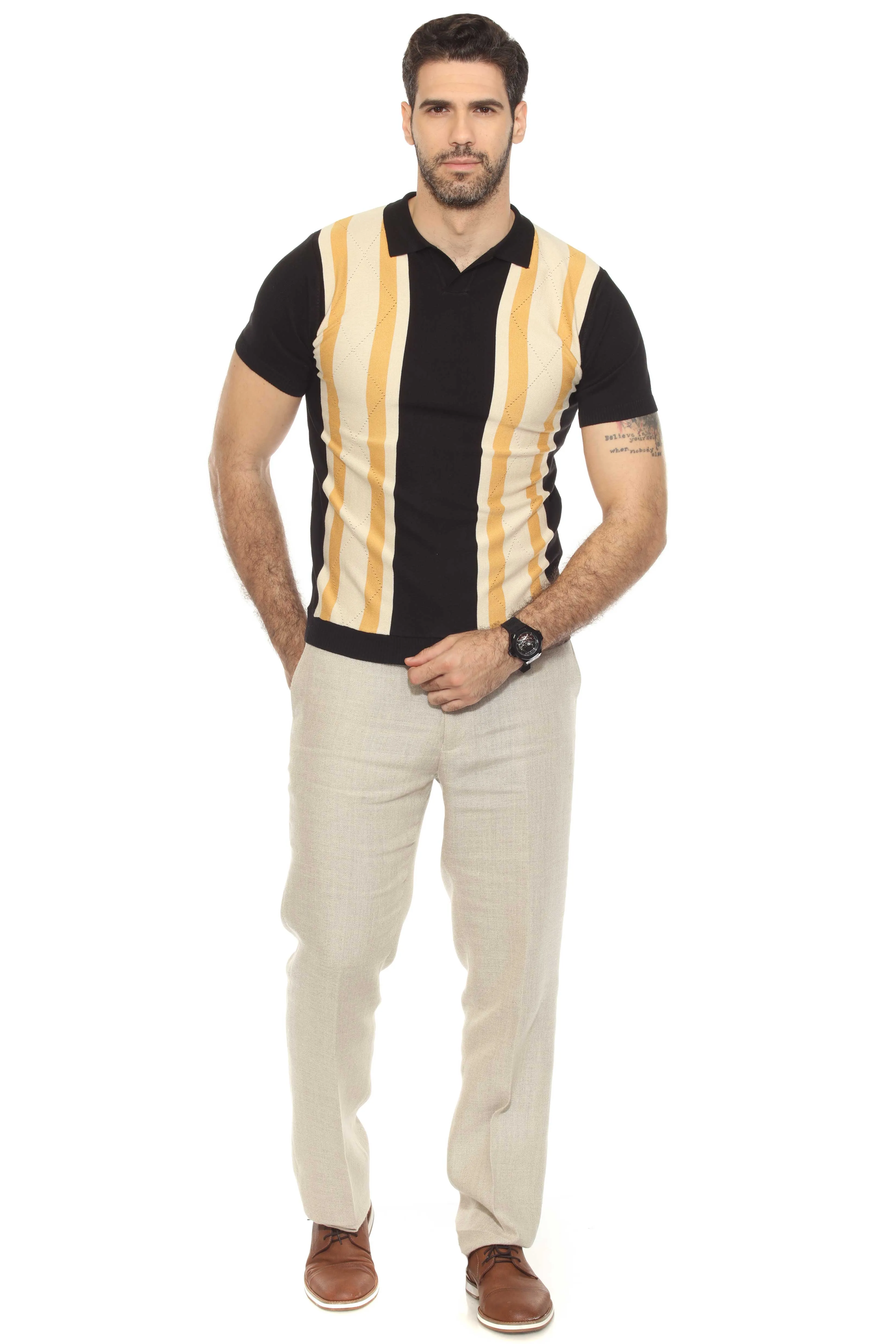 Mojito Mens Stylish Premium Knit Textured Polo Shirt with Color Stripe Pattern