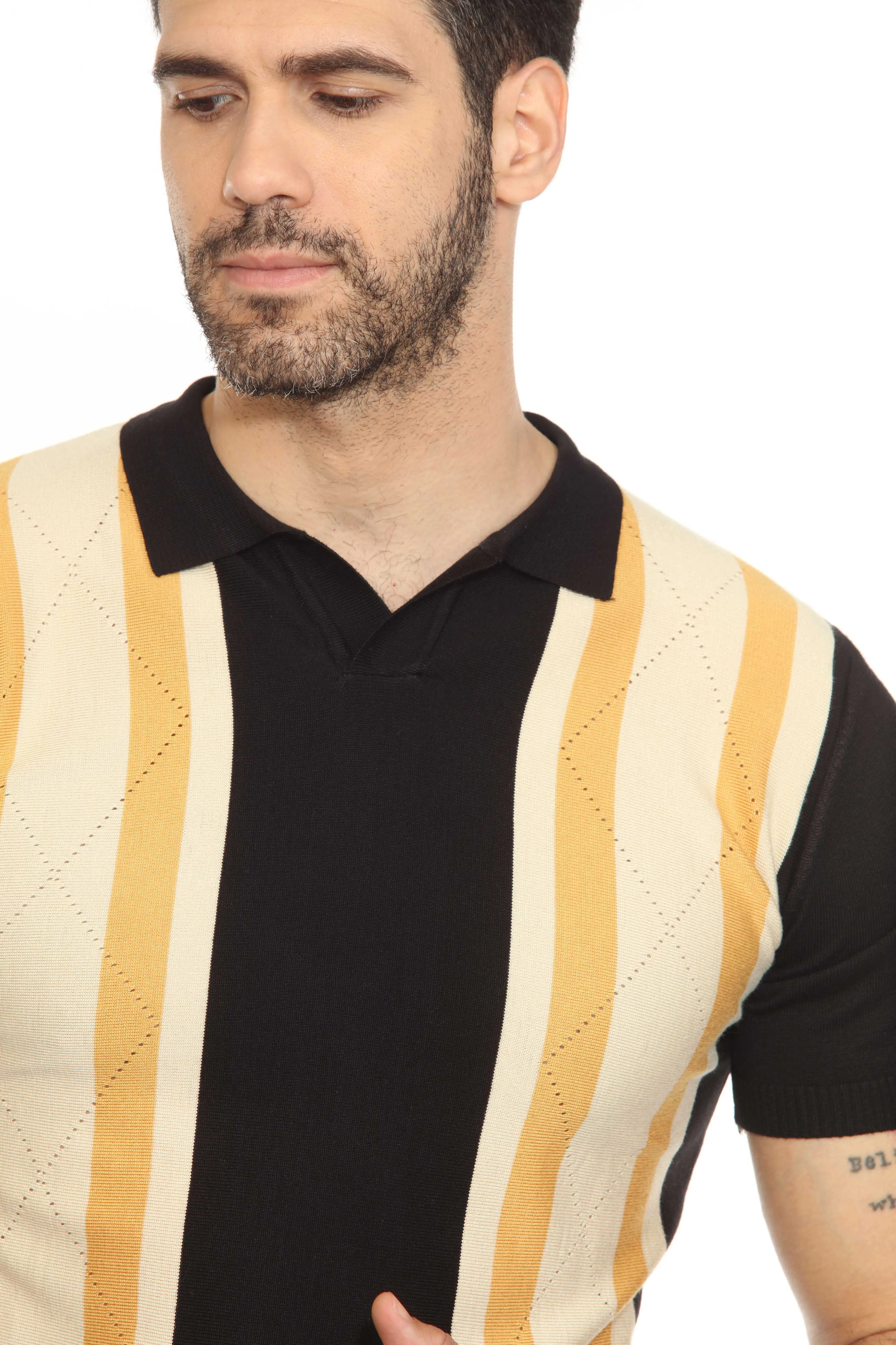 Mojito Mens Stylish Premium Knit Textured Polo Shirt with Color Stripe Pattern