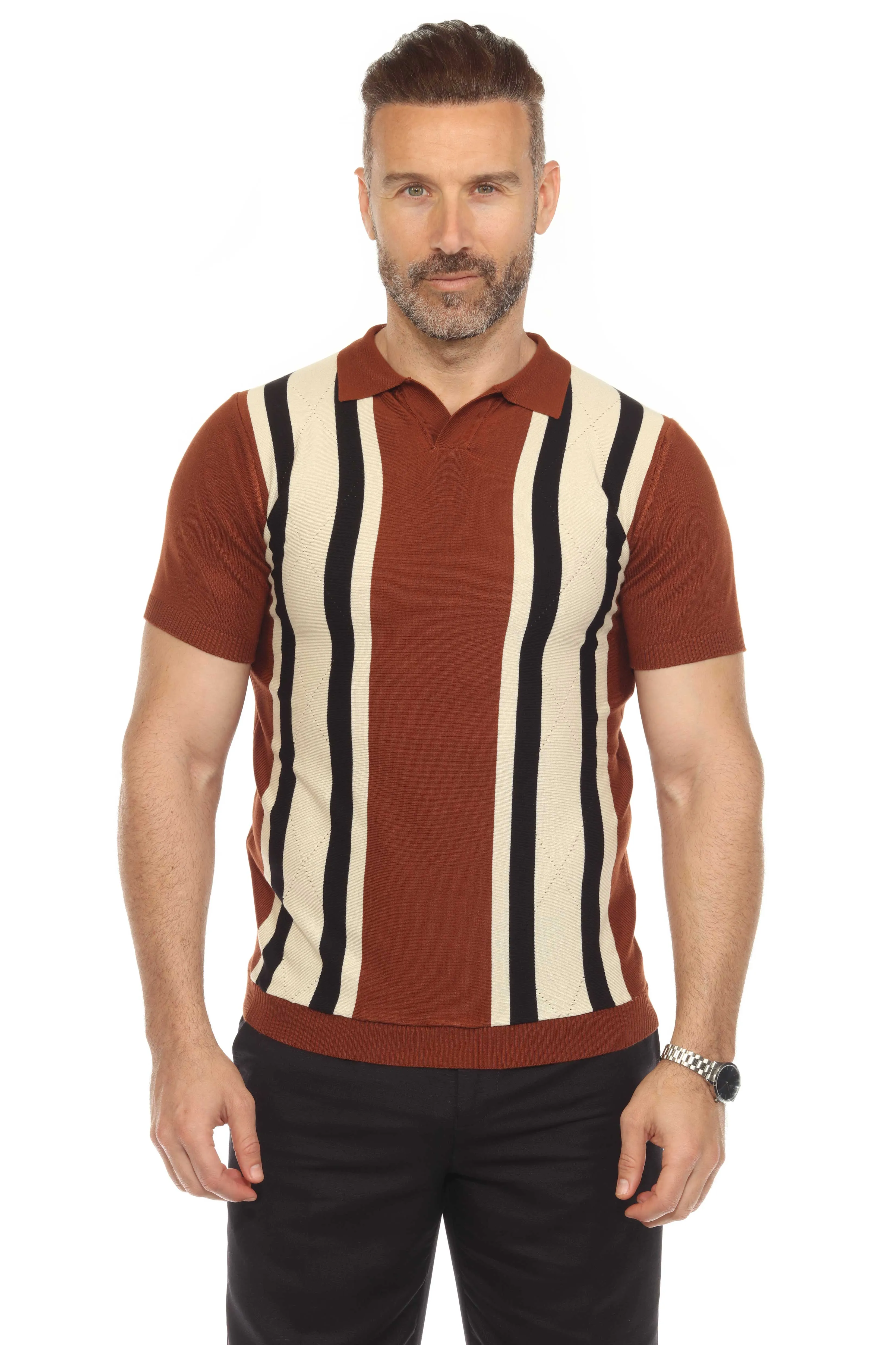 Mojito Mens Stylish Premium Knit Textured Polo Shirt with Color Stripe Pattern