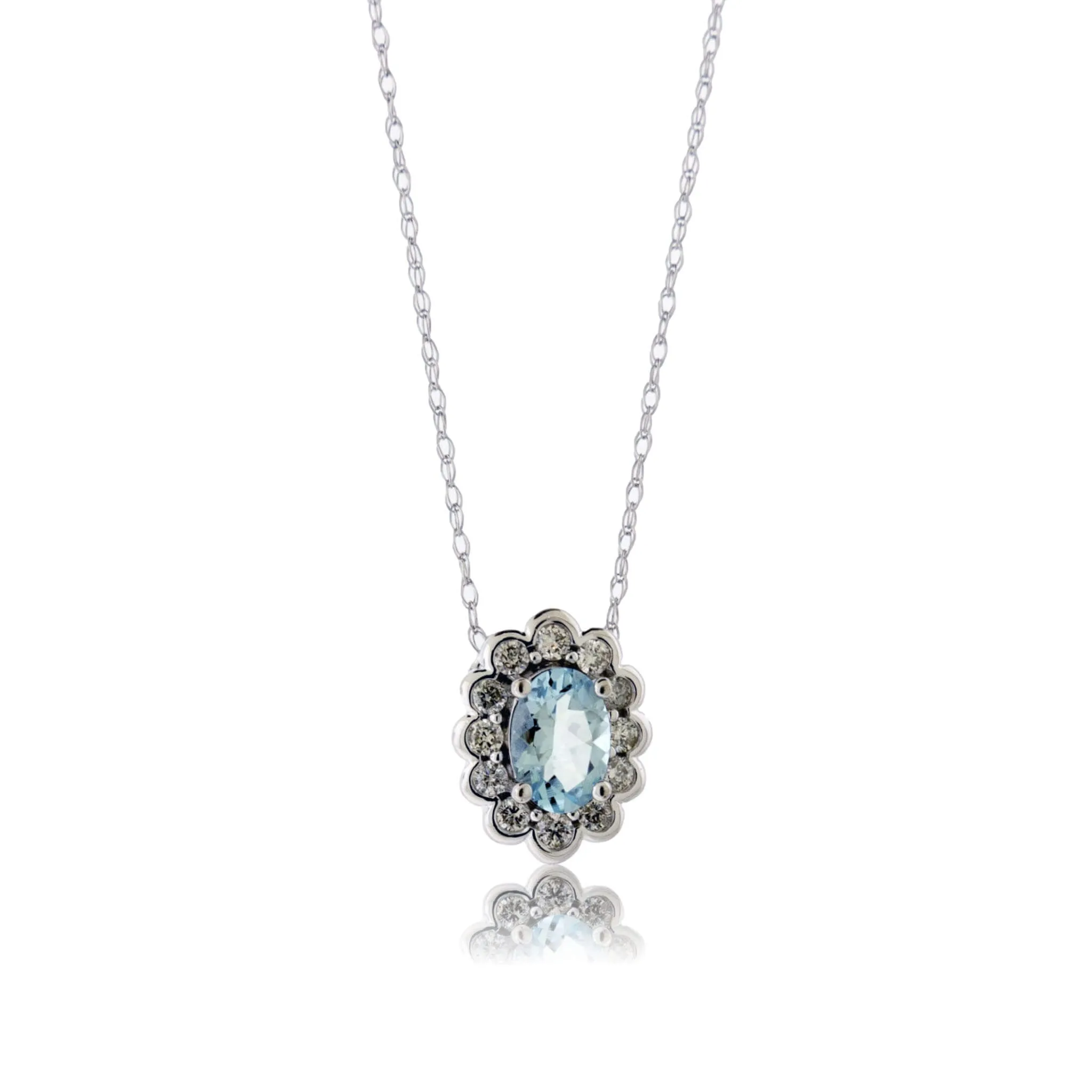 Oval Aquamarine and Diamond Scalloped Halo Pendant w/Chain
