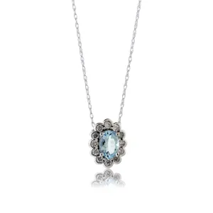Oval Aquamarine and Diamond Scalloped Halo Pendant w/Chain