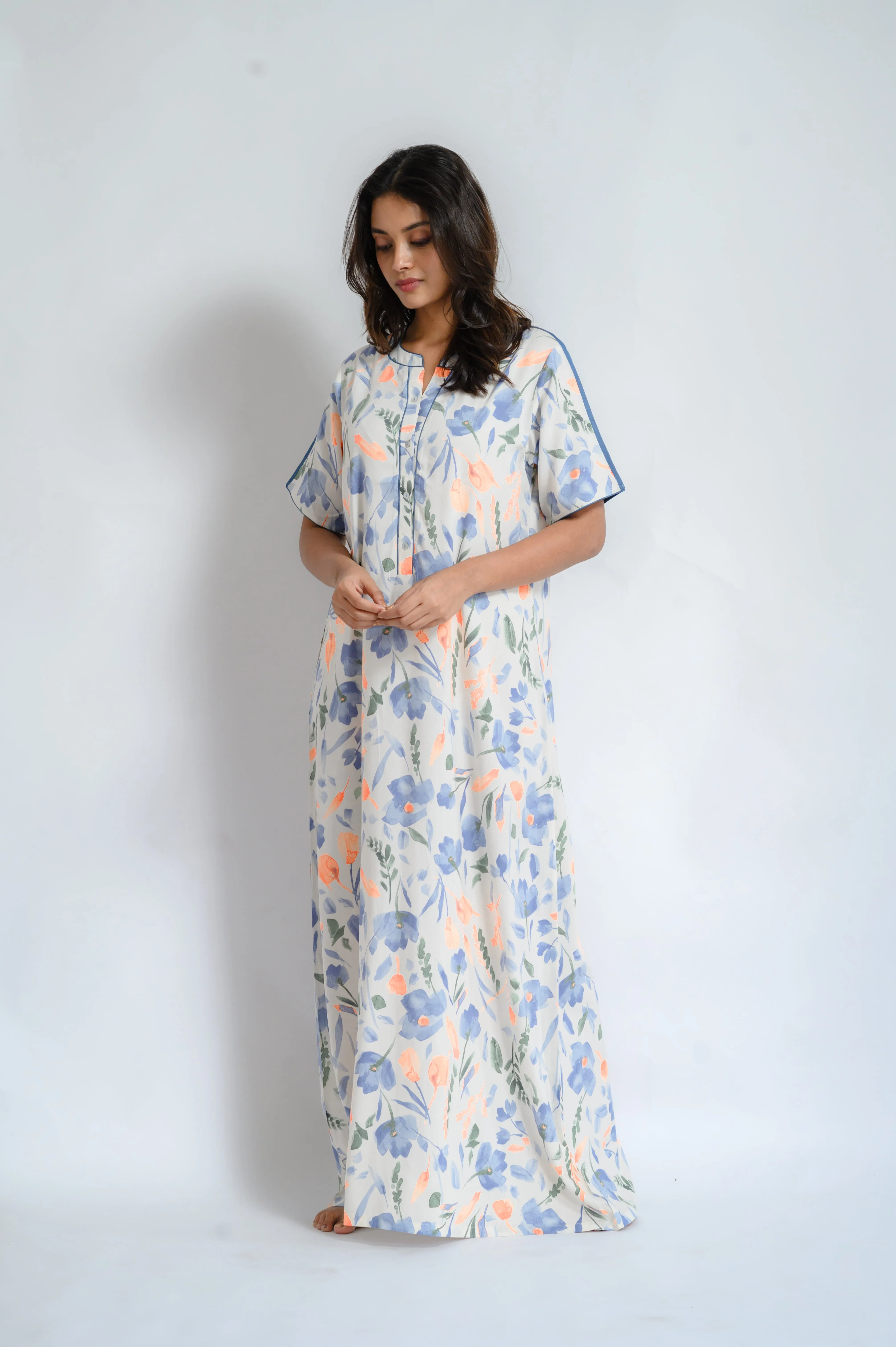 Pastel Bloom – Floral Nighty with Piping