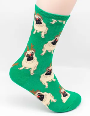Pug Antler Christmas Socks Green