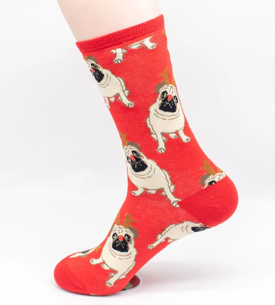 Pug Antler Christmas Socks Red