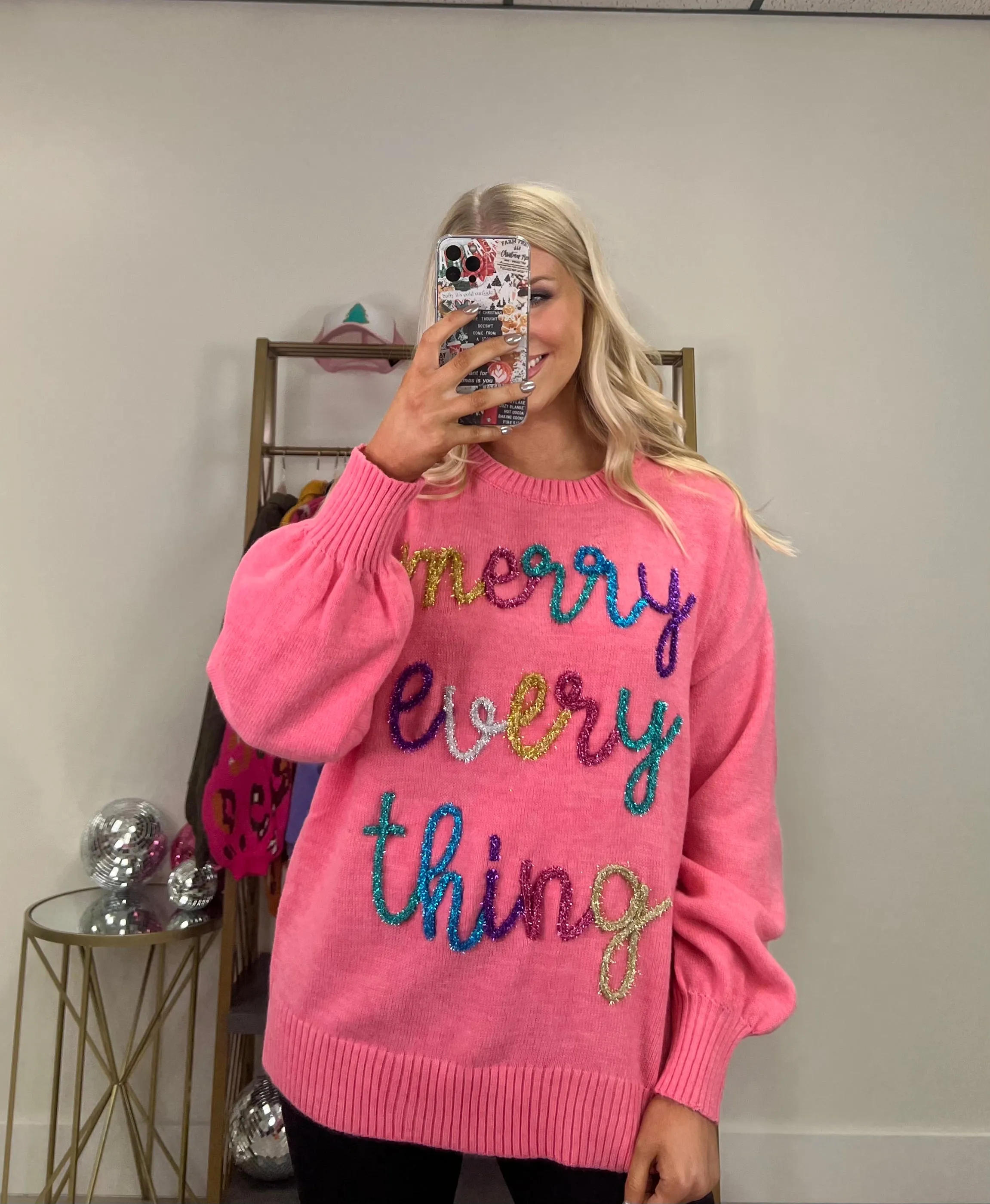 "Merry Everything" Embroidered Tinsel Sweater - Pink