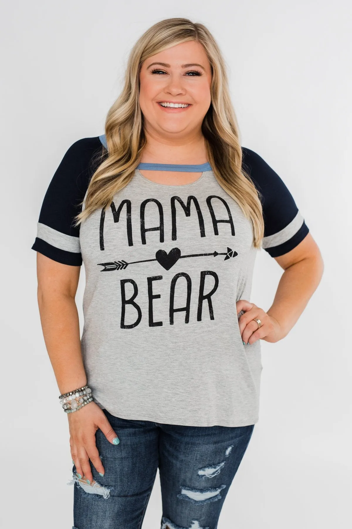 Raglan "Mama Bear" Short Sleeve Top- Heather Grey & Navy