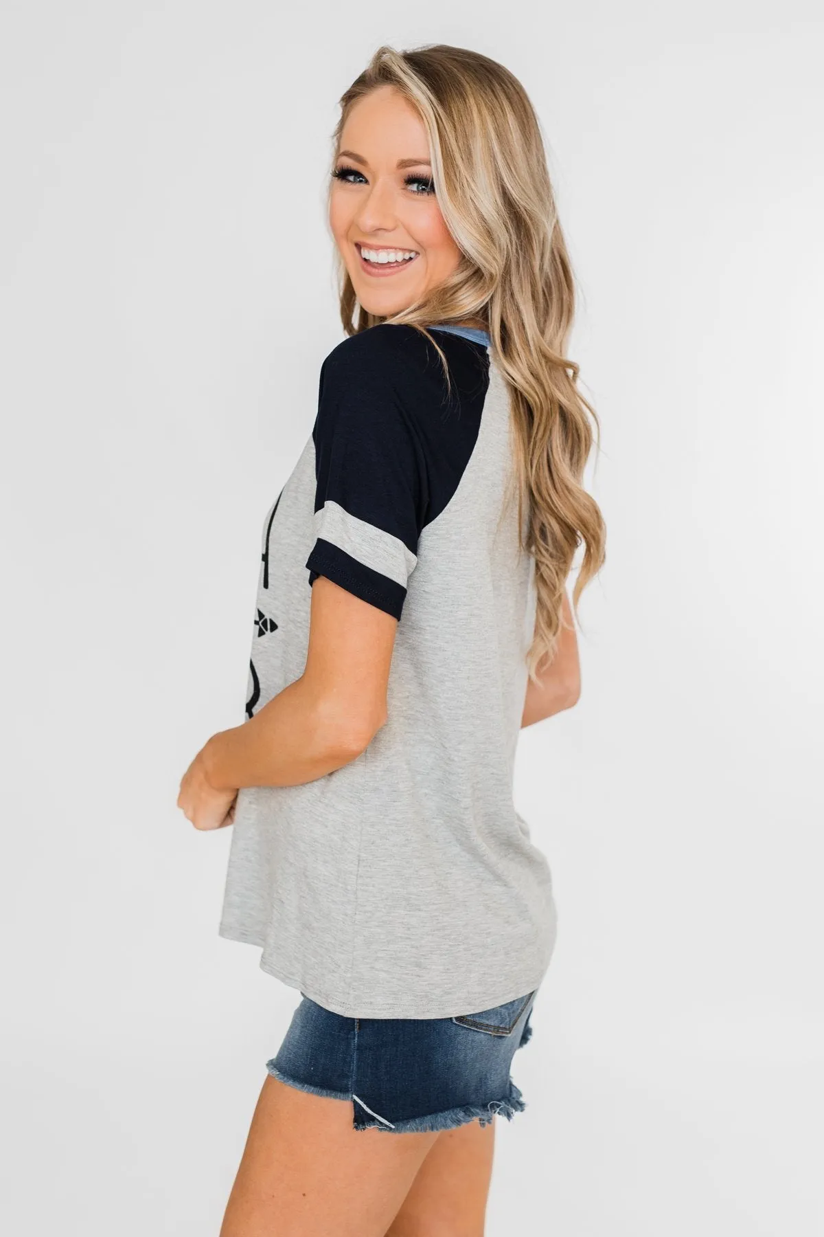 Raglan "Mama Bear" Short Sleeve Top- Heather Grey & Navy
