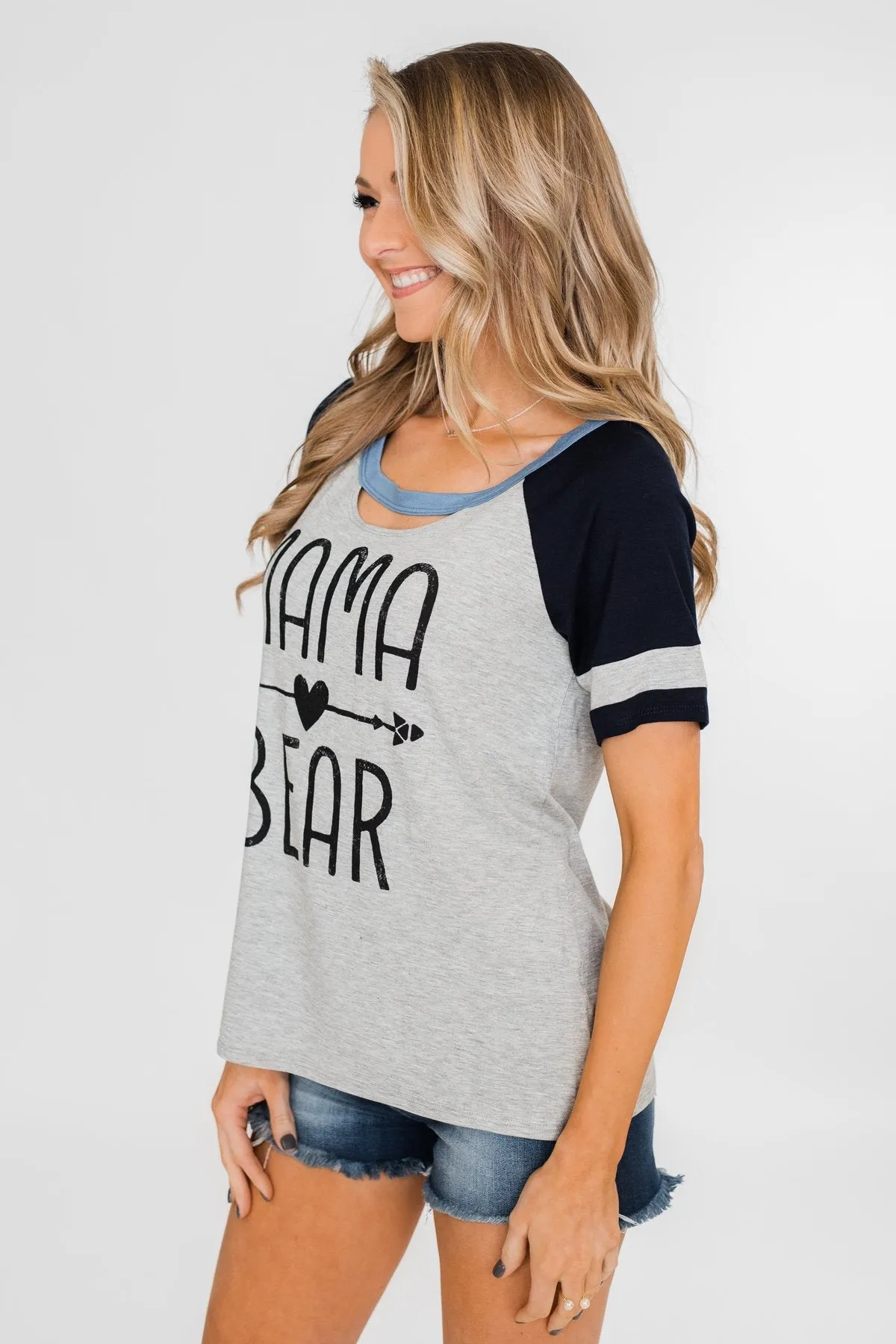 Raglan "Mama Bear" Short Sleeve Top- Heather Grey & Navy