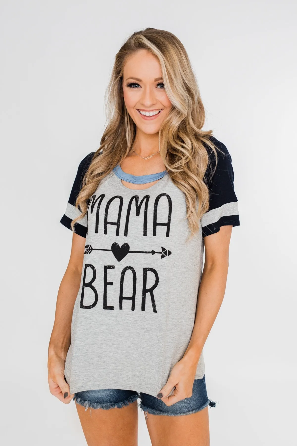 Raglan "Mama Bear" Short Sleeve Top- Heather Grey & Navy