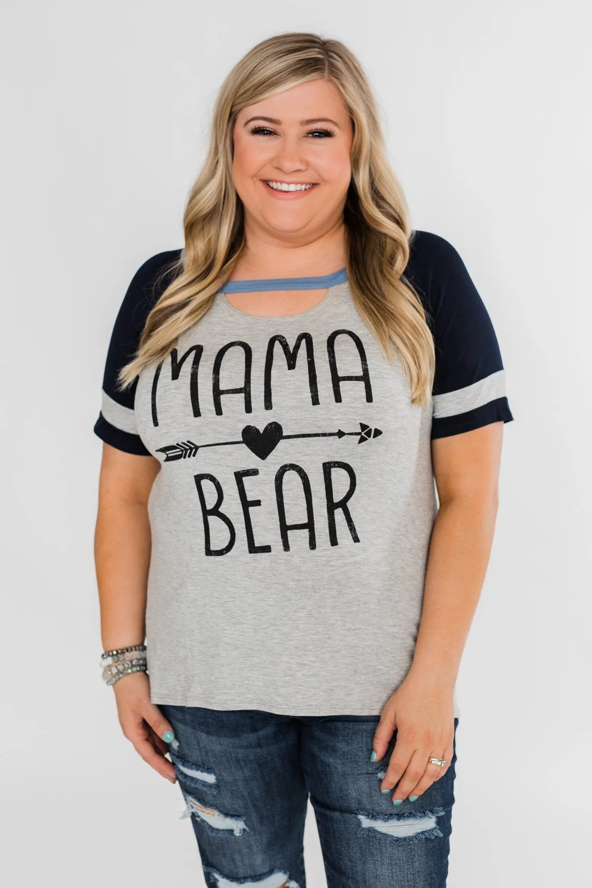 Raglan "Mama Bear" Short Sleeve Top- Heather Grey & Navy