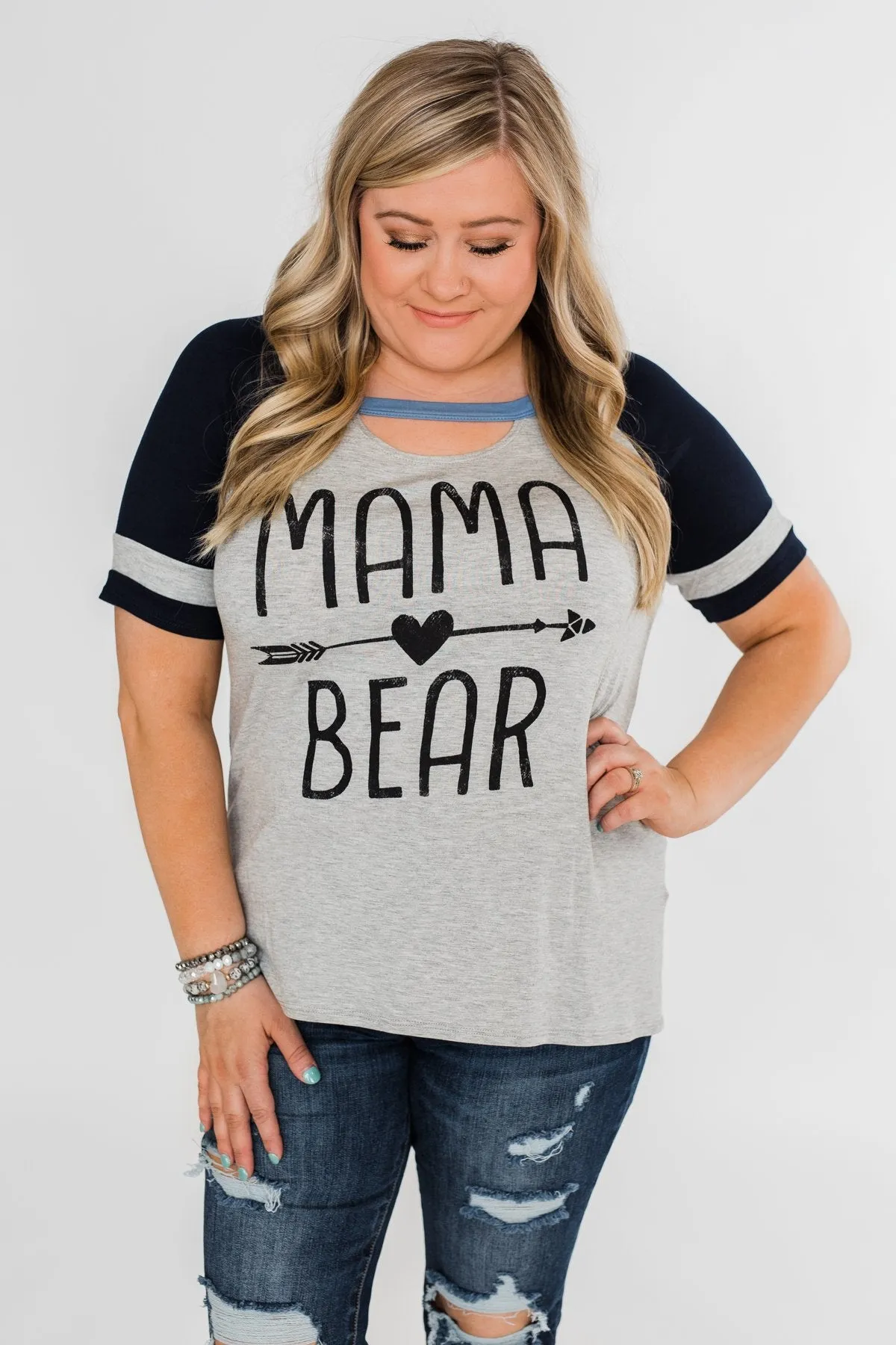 Raglan "Mama Bear" Short Sleeve Top- Heather Grey & Navy