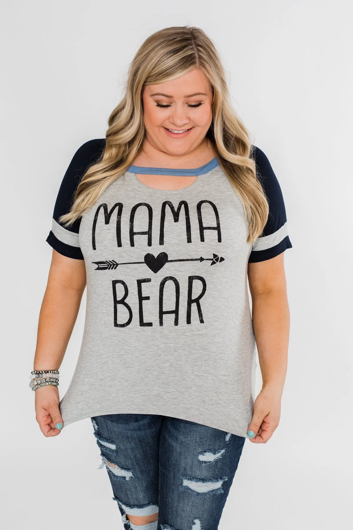 Raglan "Mama Bear" Short Sleeve Top- Heather Grey & Navy