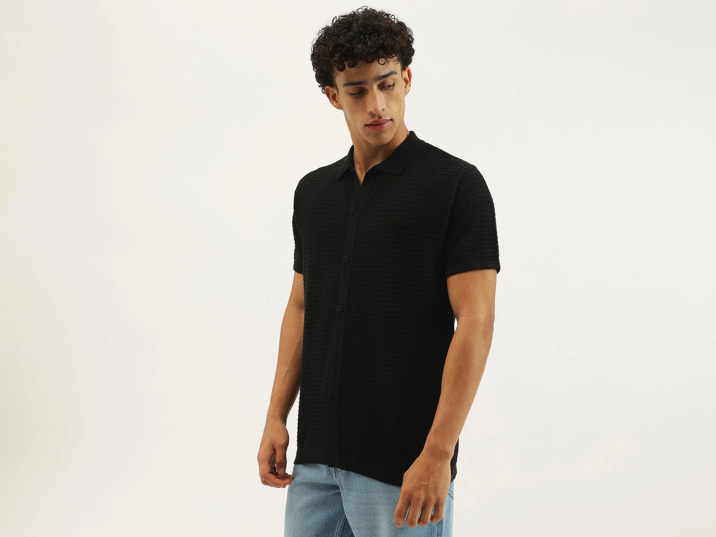 Relaxed Fit Spread Collar Textured Shirt