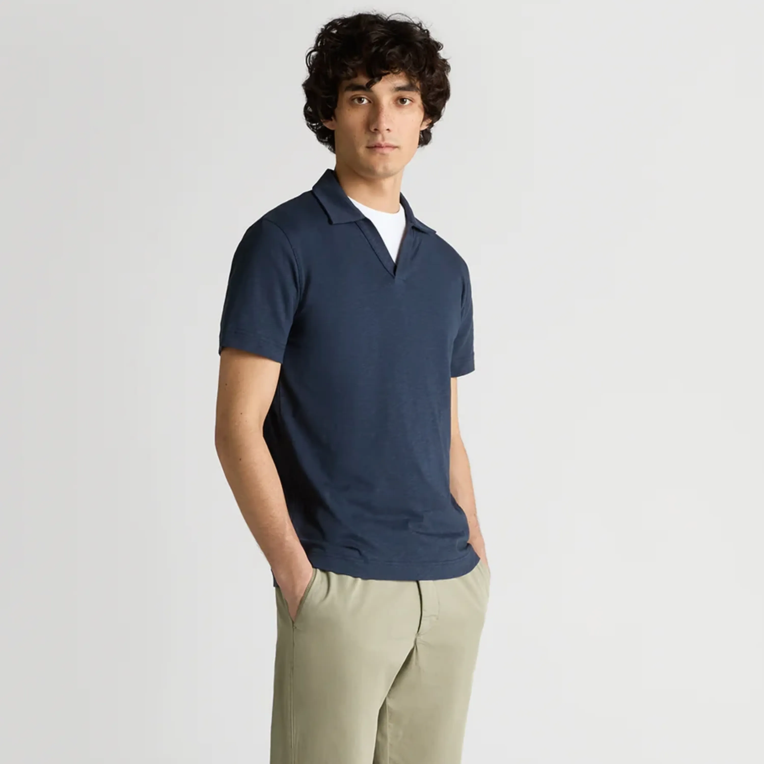 Remus Tapered Fit Open Collar Cotton Polo - Navy