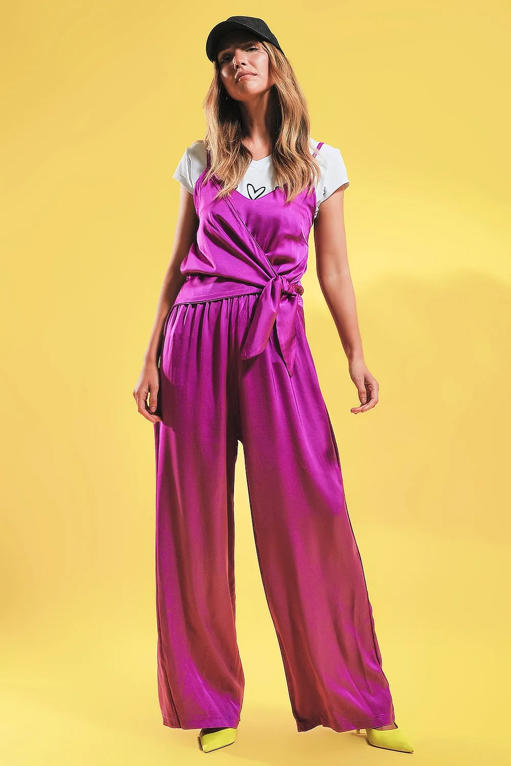 Satin cami strap jumpsuit in fuchsia