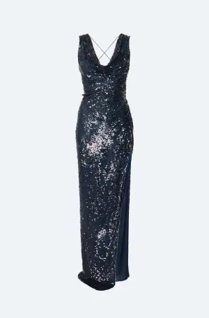 Sequin Viscose Backless Cowl Neck Gown