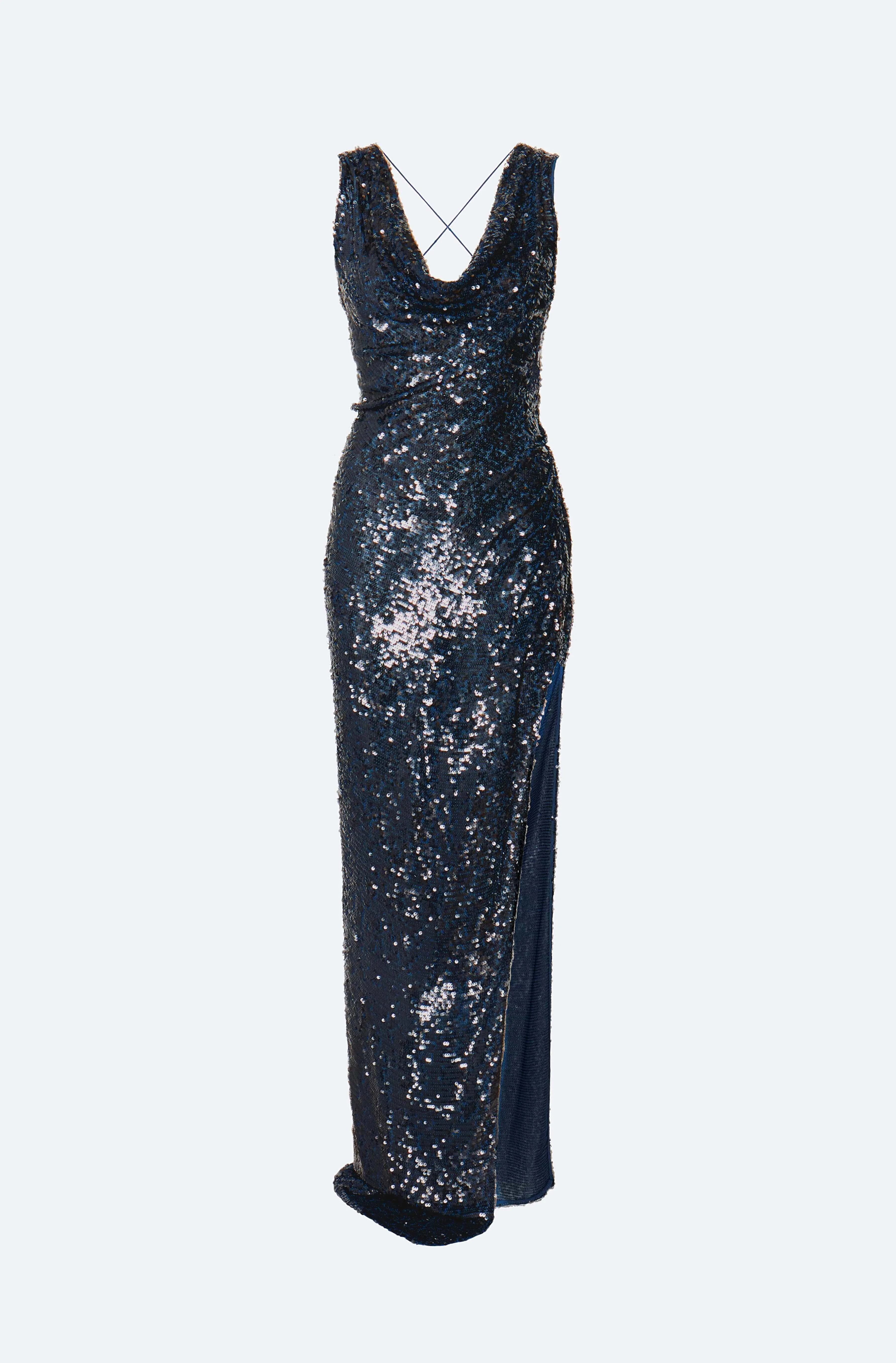 Sequin Viscose Backless Cowl Neck Gown