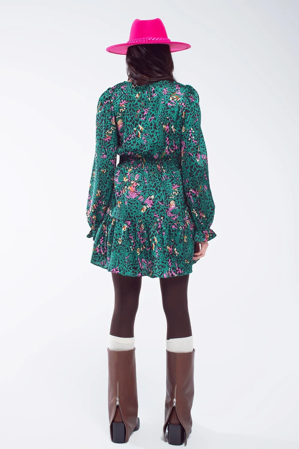 Short Printed Dress With Tiered Skirt and Ruffled Cuff in Forest Green