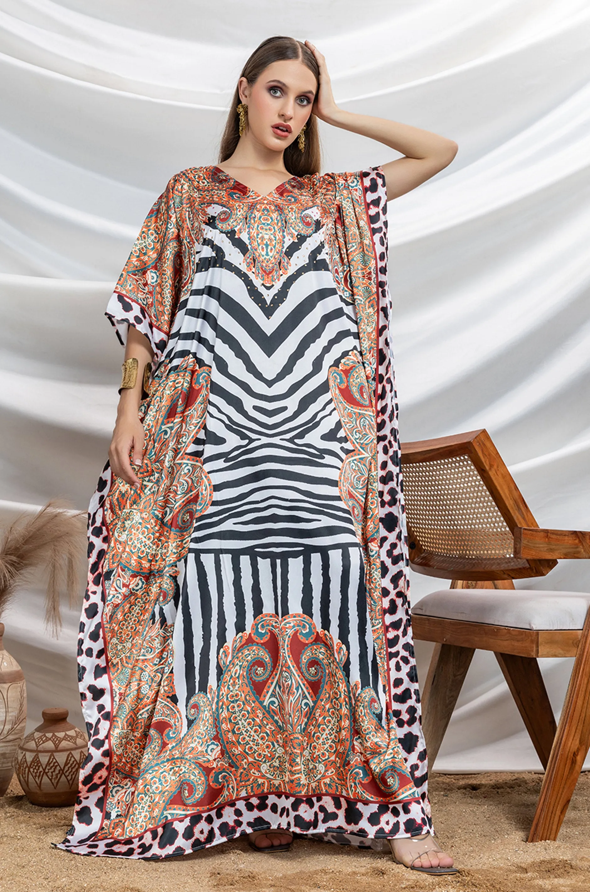 Striped Spirit Soft Satin Women Kaftan with Rhinestones