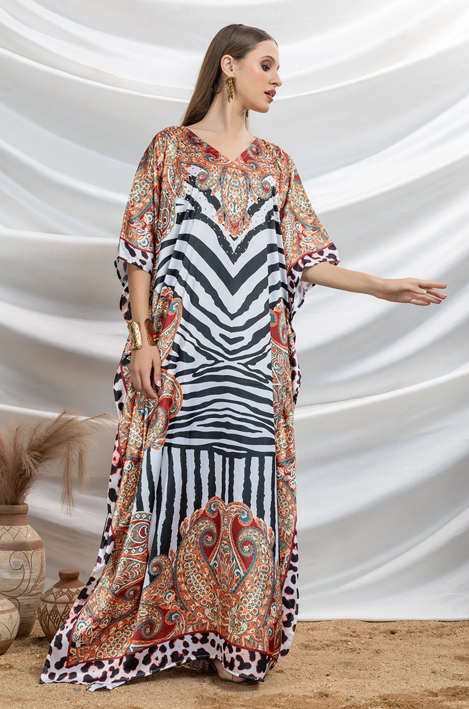 Striped Spirit Soft Satin Women Kaftan with Rhinestones