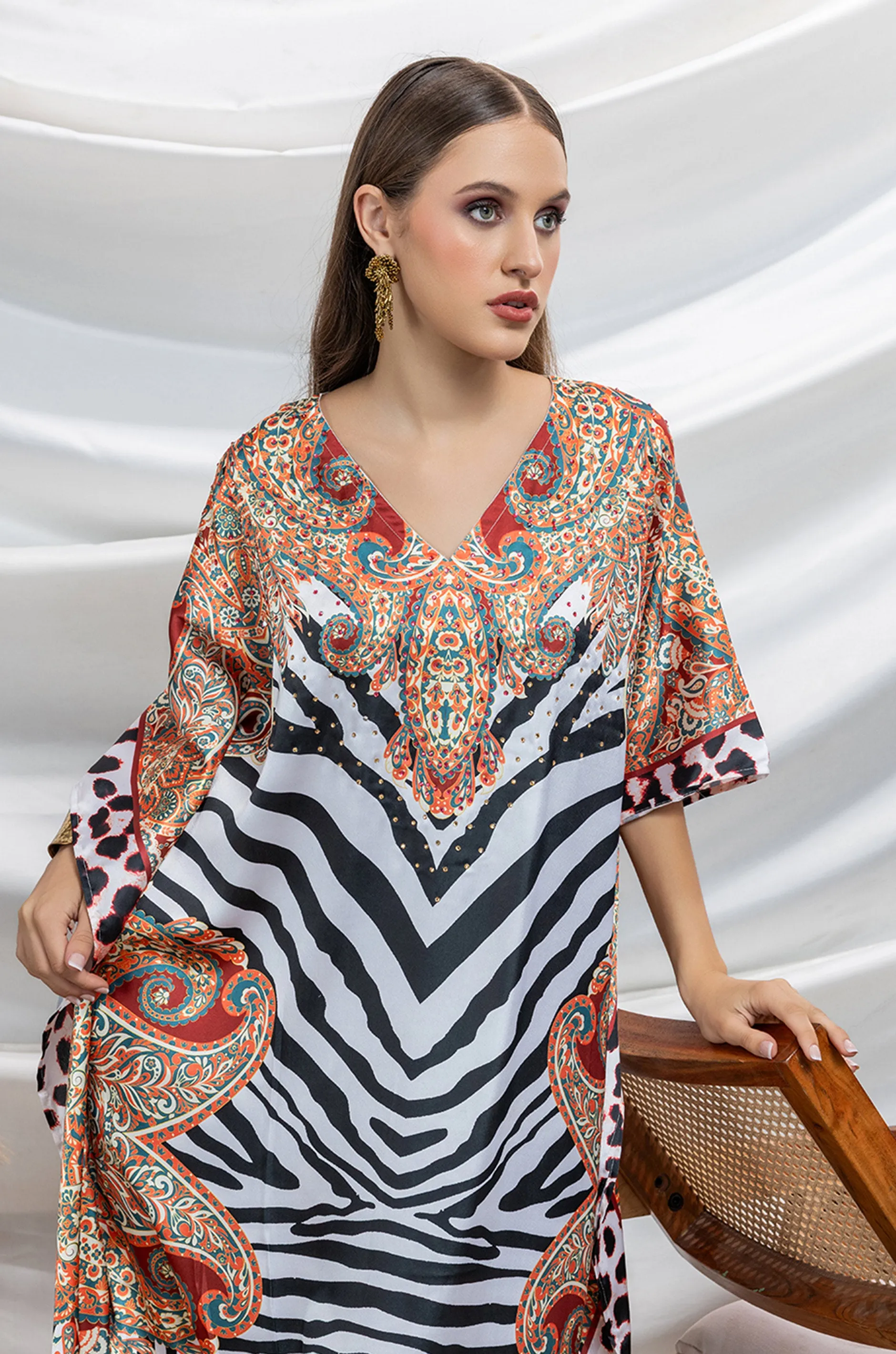 Striped Spirit Soft Satin Women Kaftan with Rhinestones