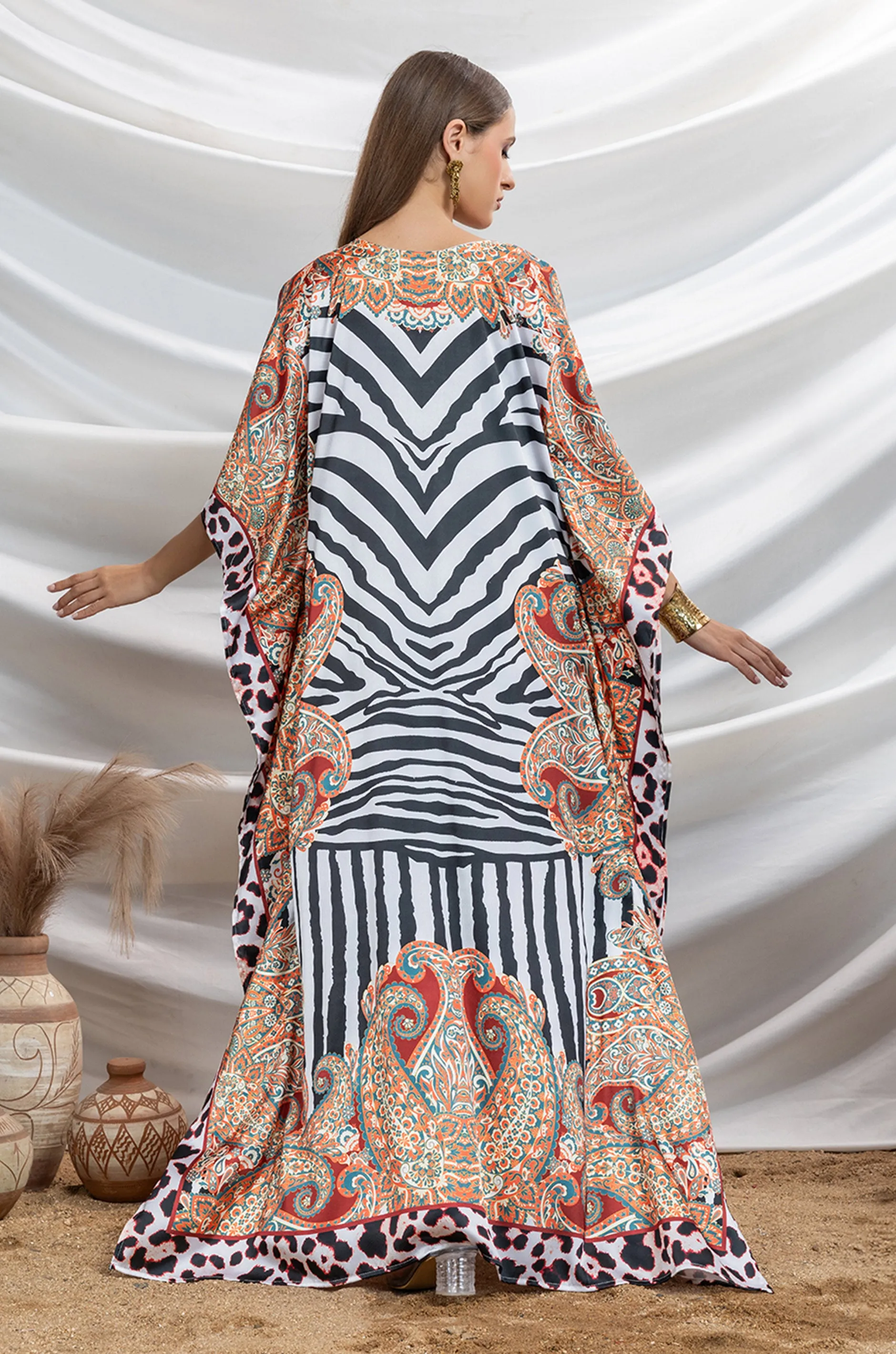 Striped Spirit Soft Satin Women Kaftan with Rhinestones