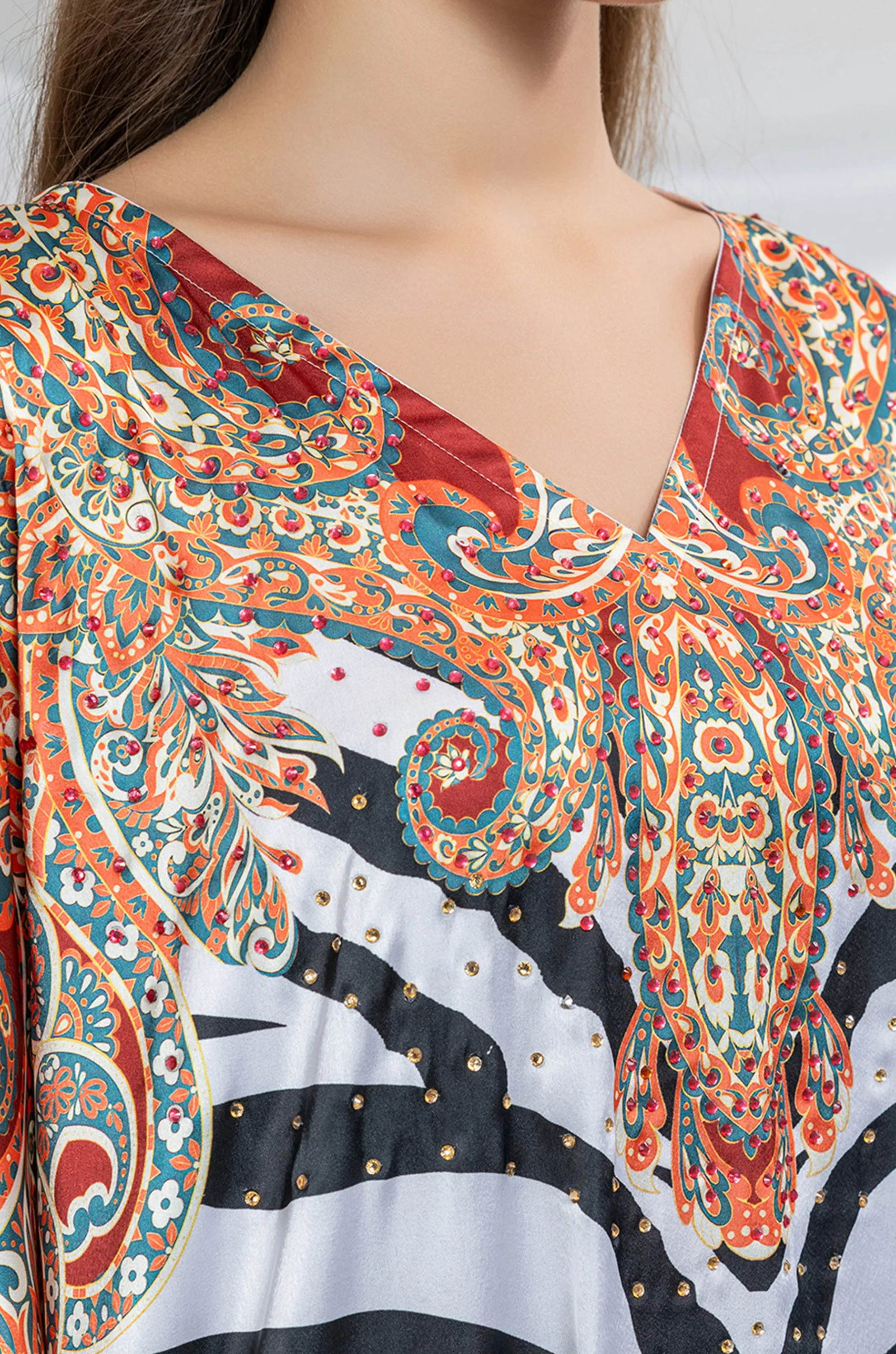 Striped Spirit Soft Satin Women Kaftan with Rhinestones