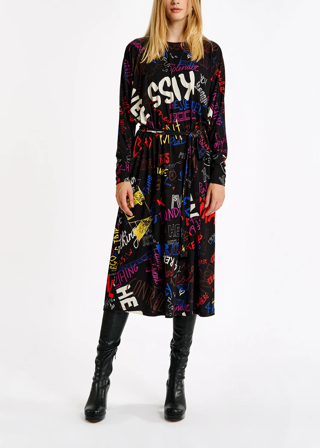 Text print midi-length dress