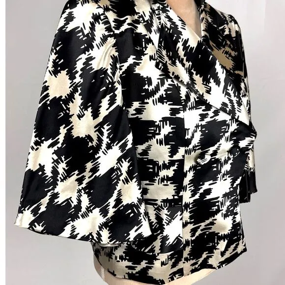 Trina Turk Womens Sz‎ 12 Jacket Wool Silk Blend Black White Lined Blazer