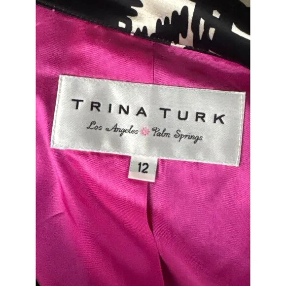 Trina Turk Womens Sz‎ 12 Jacket Wool Silk Blend Black White Lined Blazer