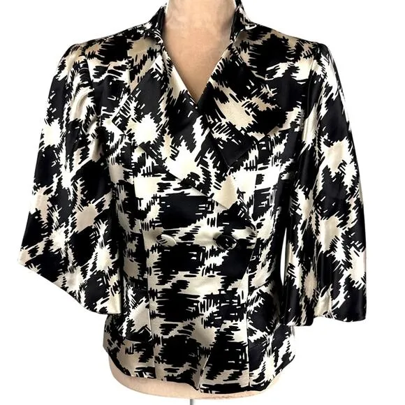 Trina Turk Womens Sz‎ 12 Jacket Wool Silk Blend Black White Lined Blazer