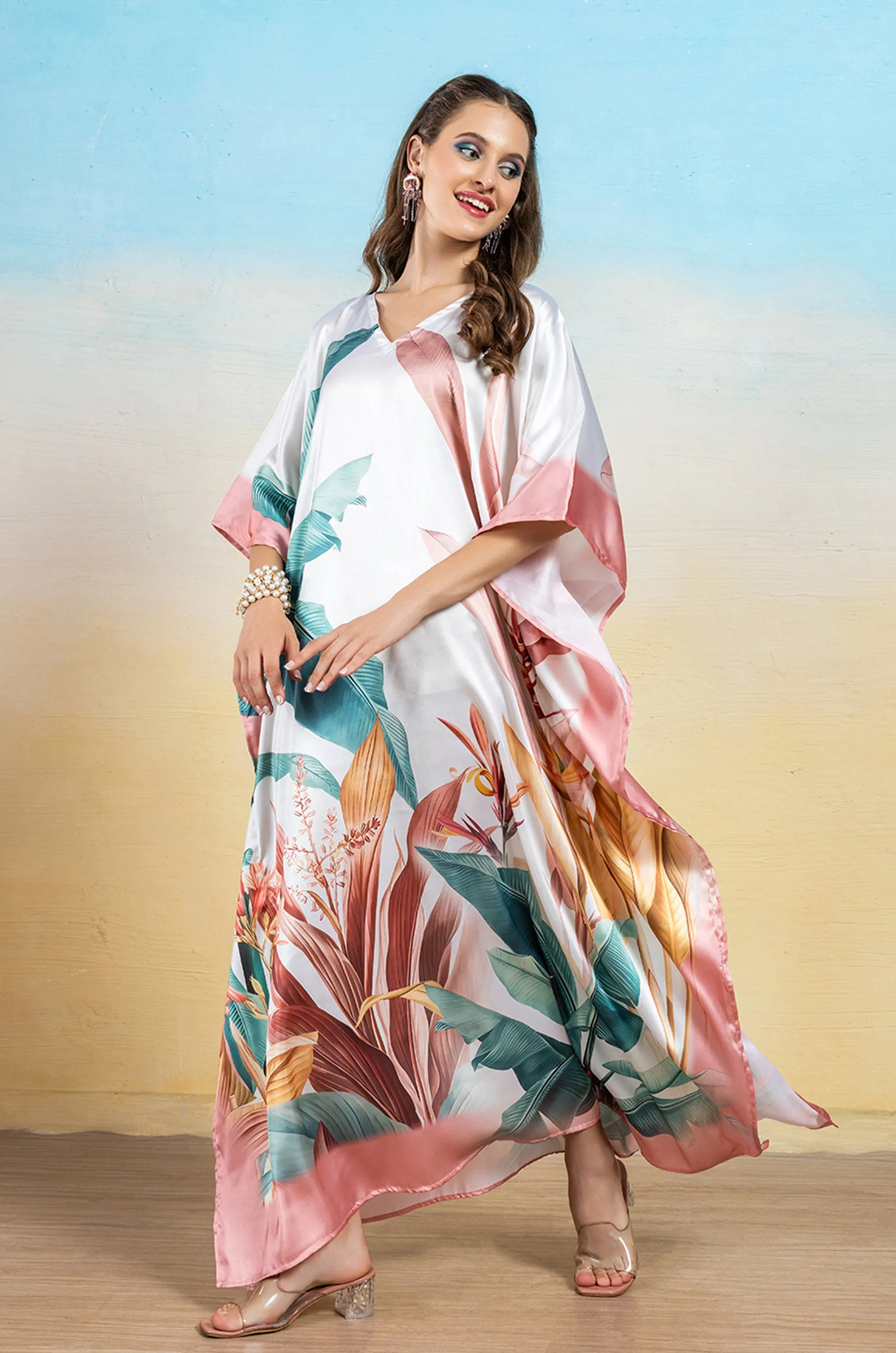 Tropical Breeze Soft Satin Women Dress Kaftan