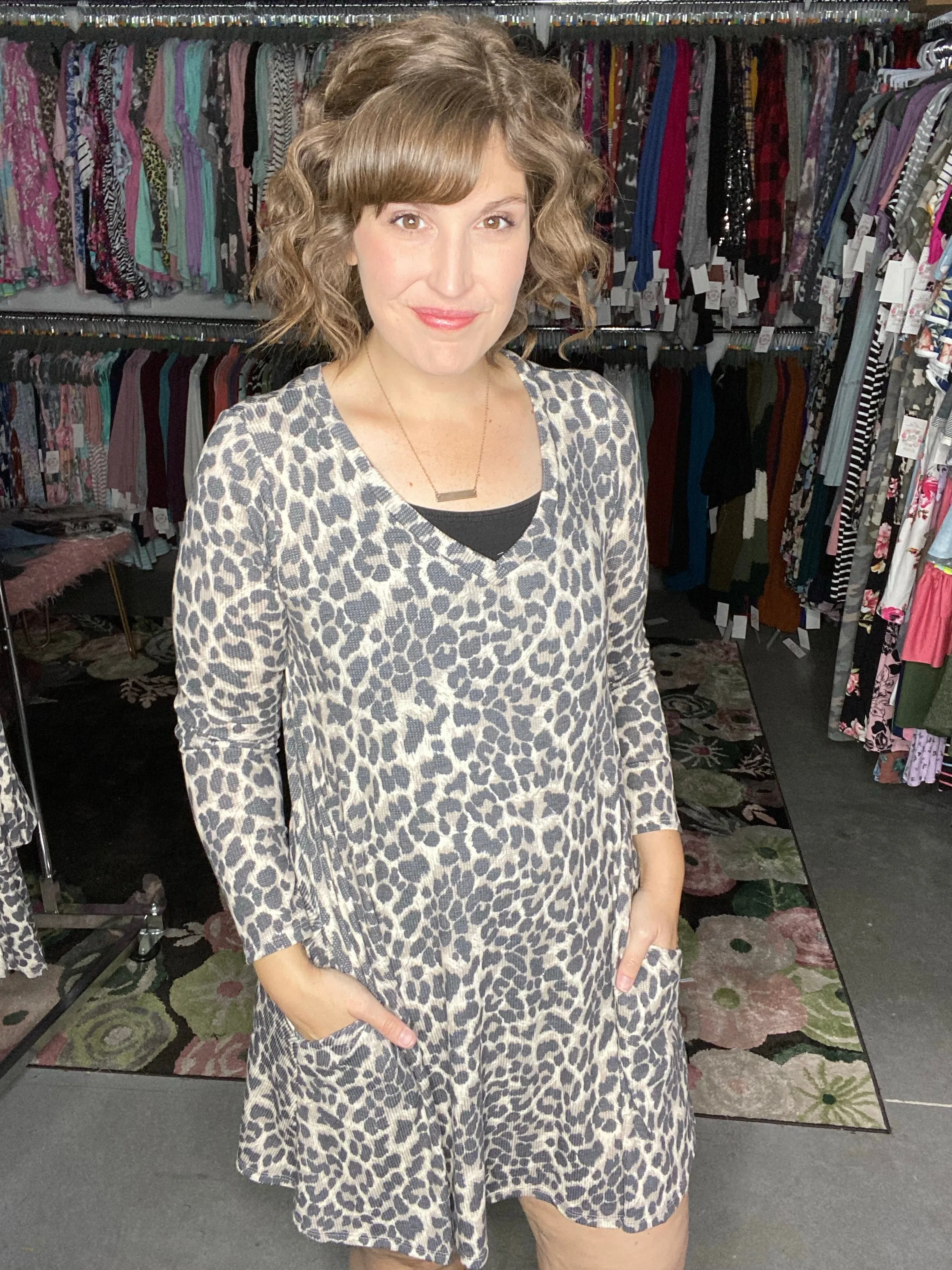 Waffle Knit Leopard Swing Dress