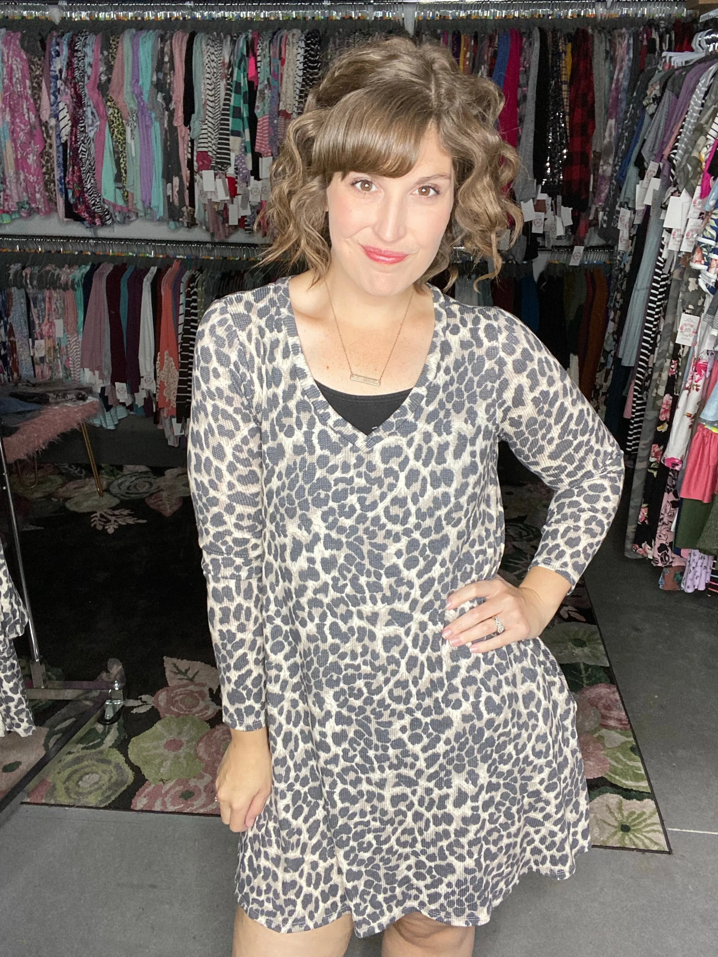 Waffle Knit Leopard Swing Dress