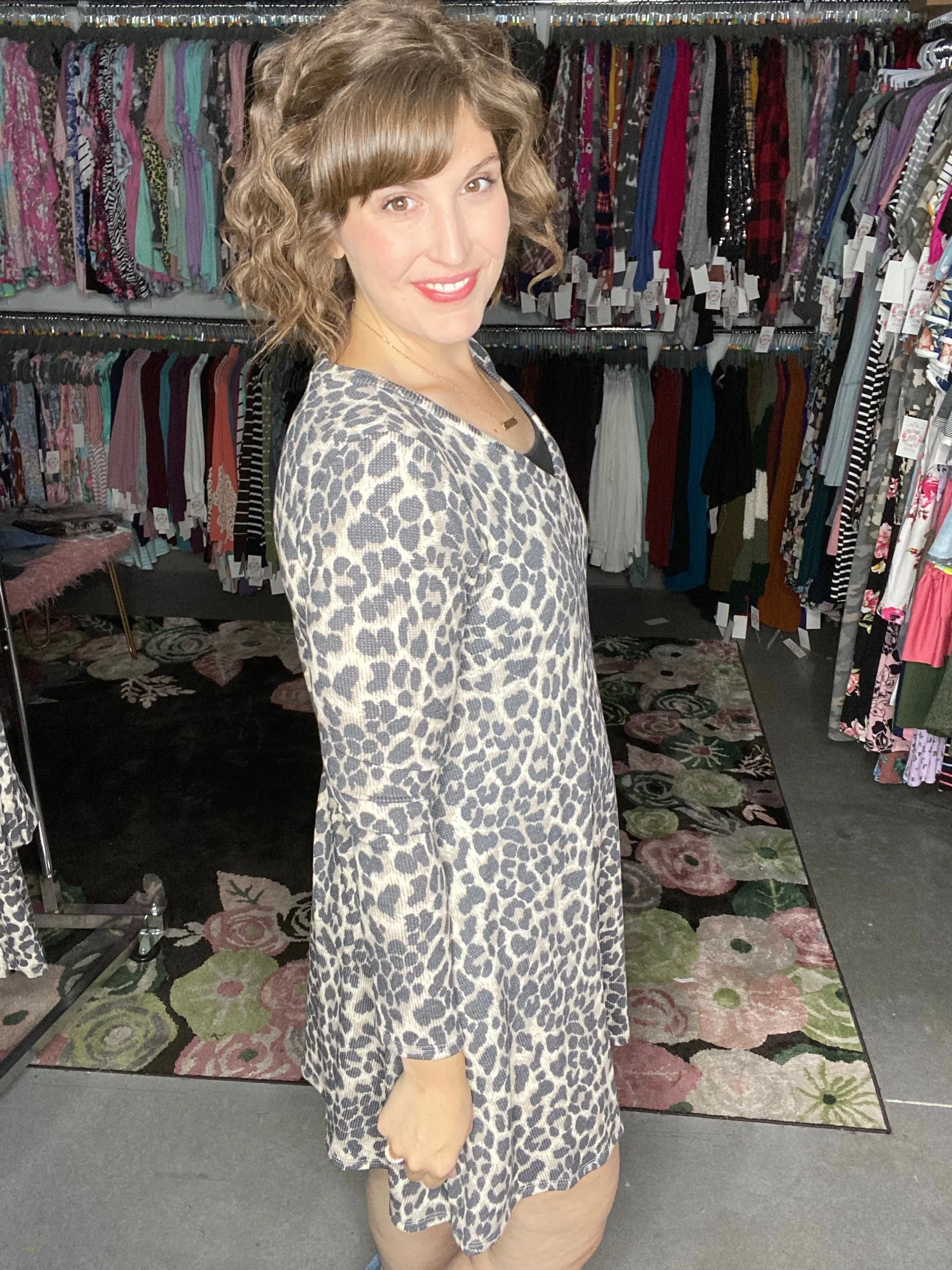 Waffle Knit Leopard Swing Dress