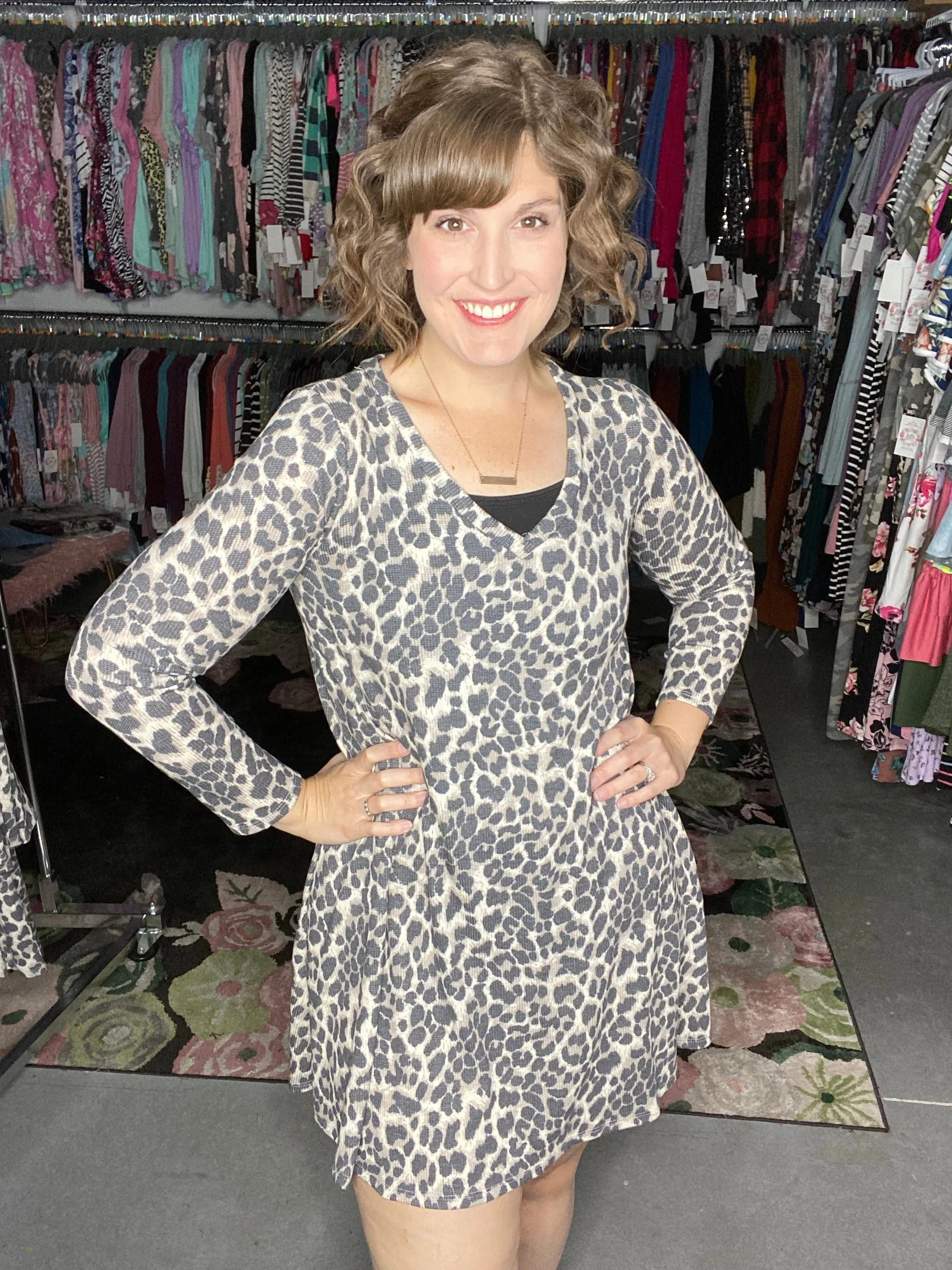 Waffle Knit Leopard Swing Dress