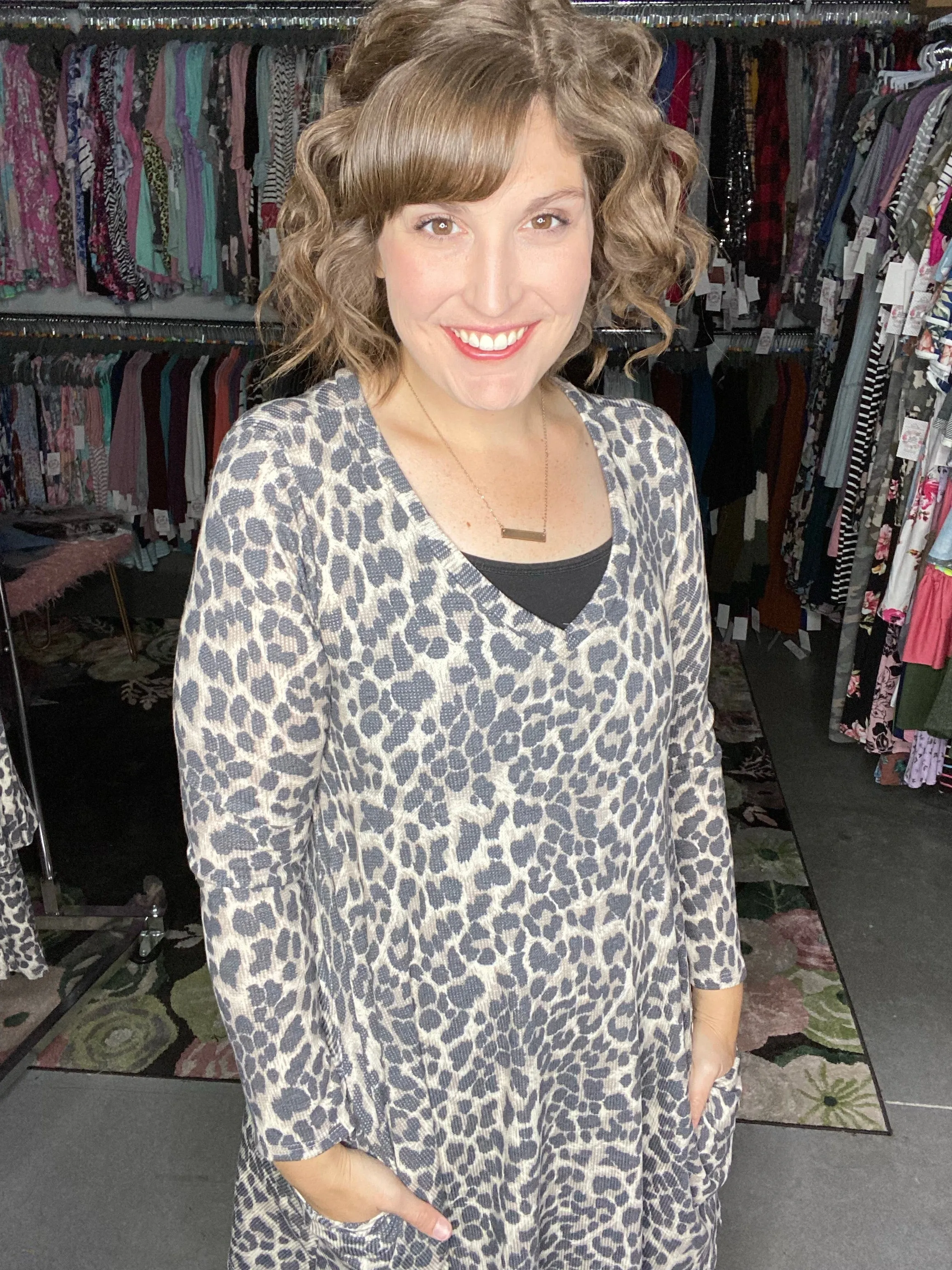 Waffle Knit Leopard Swing Dress