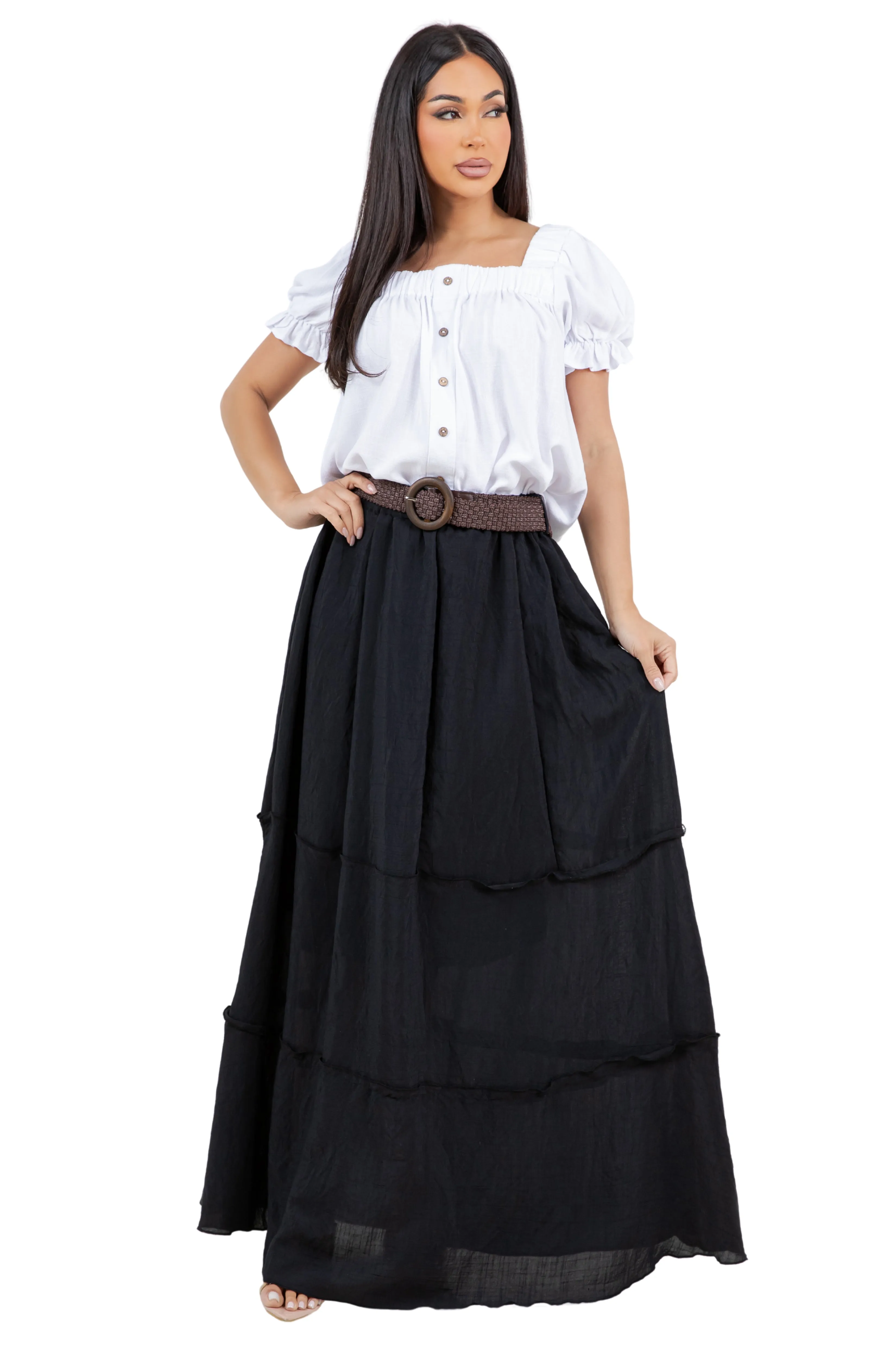 Women's Casual Resort Wear Boho Maxi Skirt with Belt